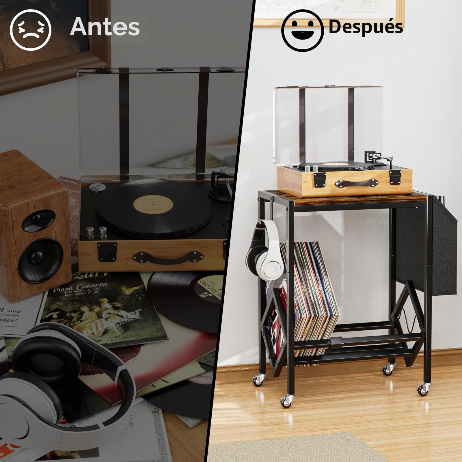 EKNITEY Soporte para tocadiscos de vinilo, mesa para tocadiscos con capacidad de almacenamiento para 80 álbumes, soporte giratorio con bolsillo organizador y ruedas