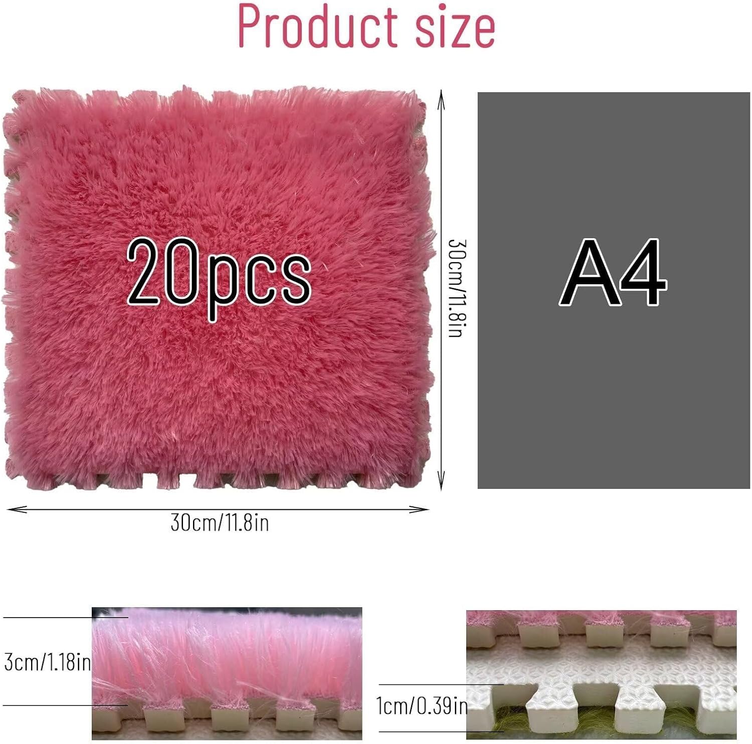 20pcs Plush Puzzle Foam Floor Mat Anti-Slip Tiles, with Border Play Mat, 11.8x11.8in Extra Long Fluffy Mat(Pink+Rose)
