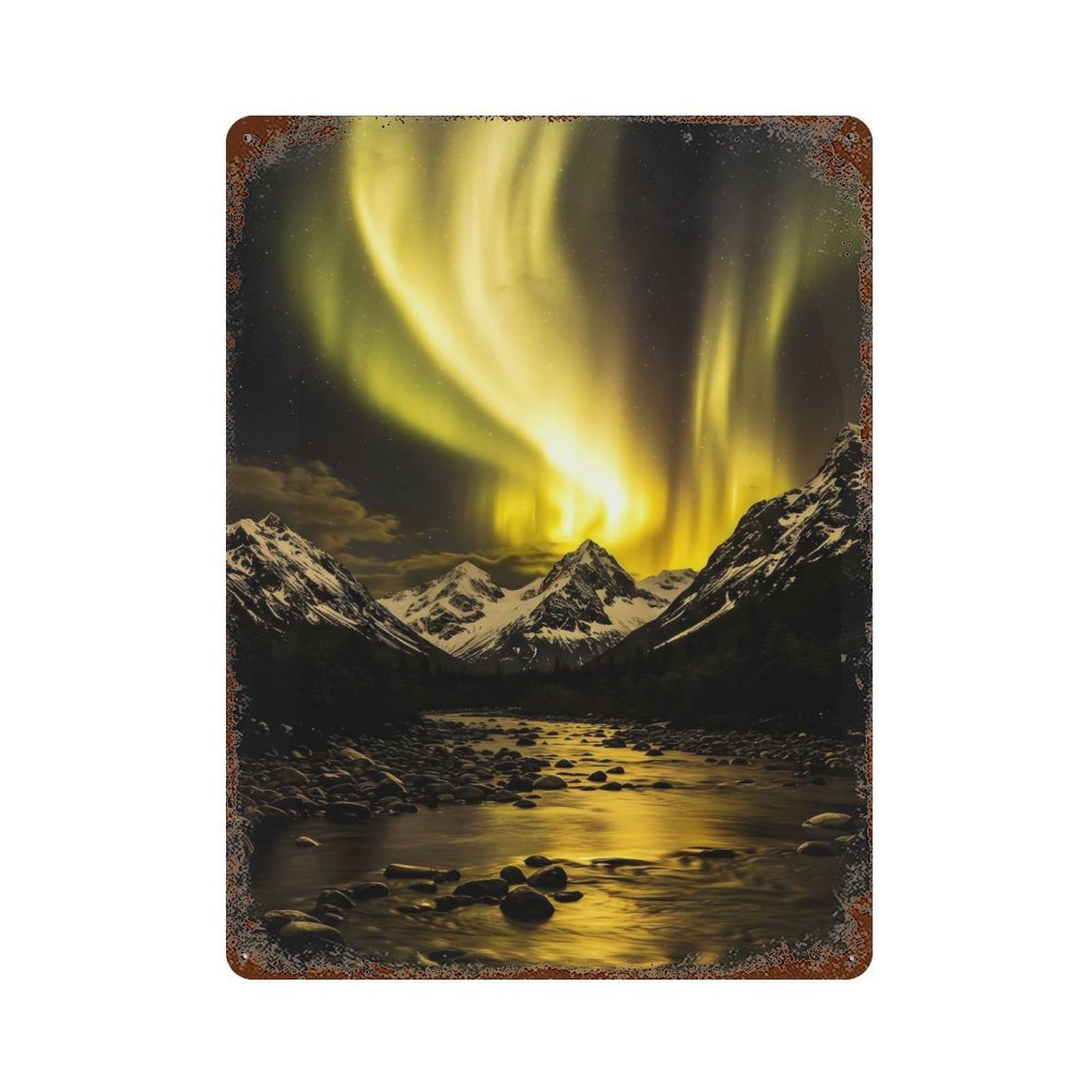 Aurora Borealis over Snowy Mountains Rusty Metal Tin Sign 15.7"x11.8", Ideal for Patio, Garden Room And Bar Decor