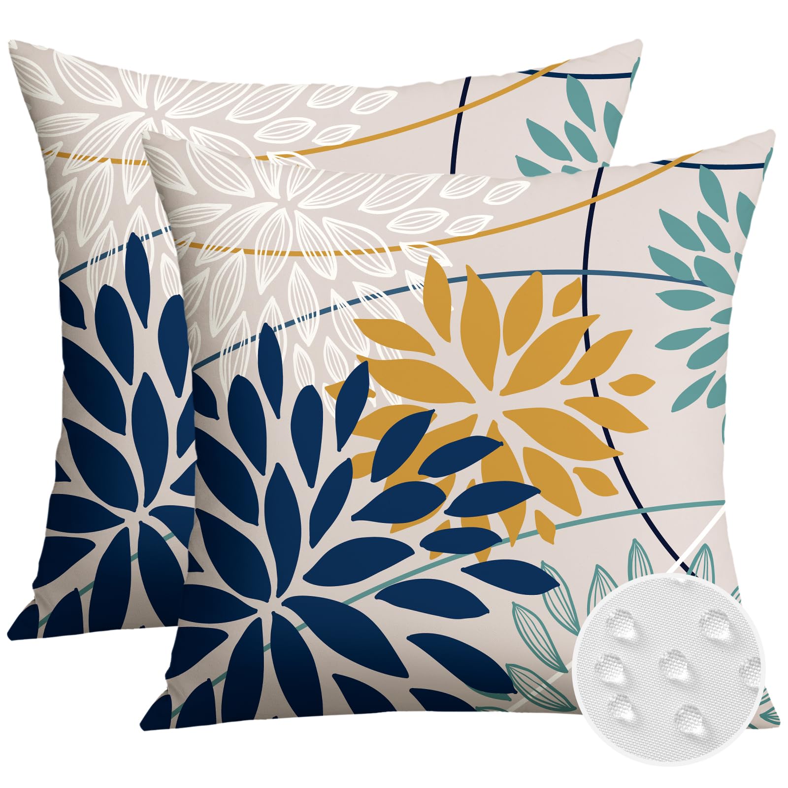 Artscope Outdoor Waterproof Blue Yellow Cushion Covers Geometric 50x50cm Set of 2 Cyan Dahlia Floral Pillowcases Outdoor Flowers Pillow Covers for Patio Garden Bench Sofa Farmhouse Decor