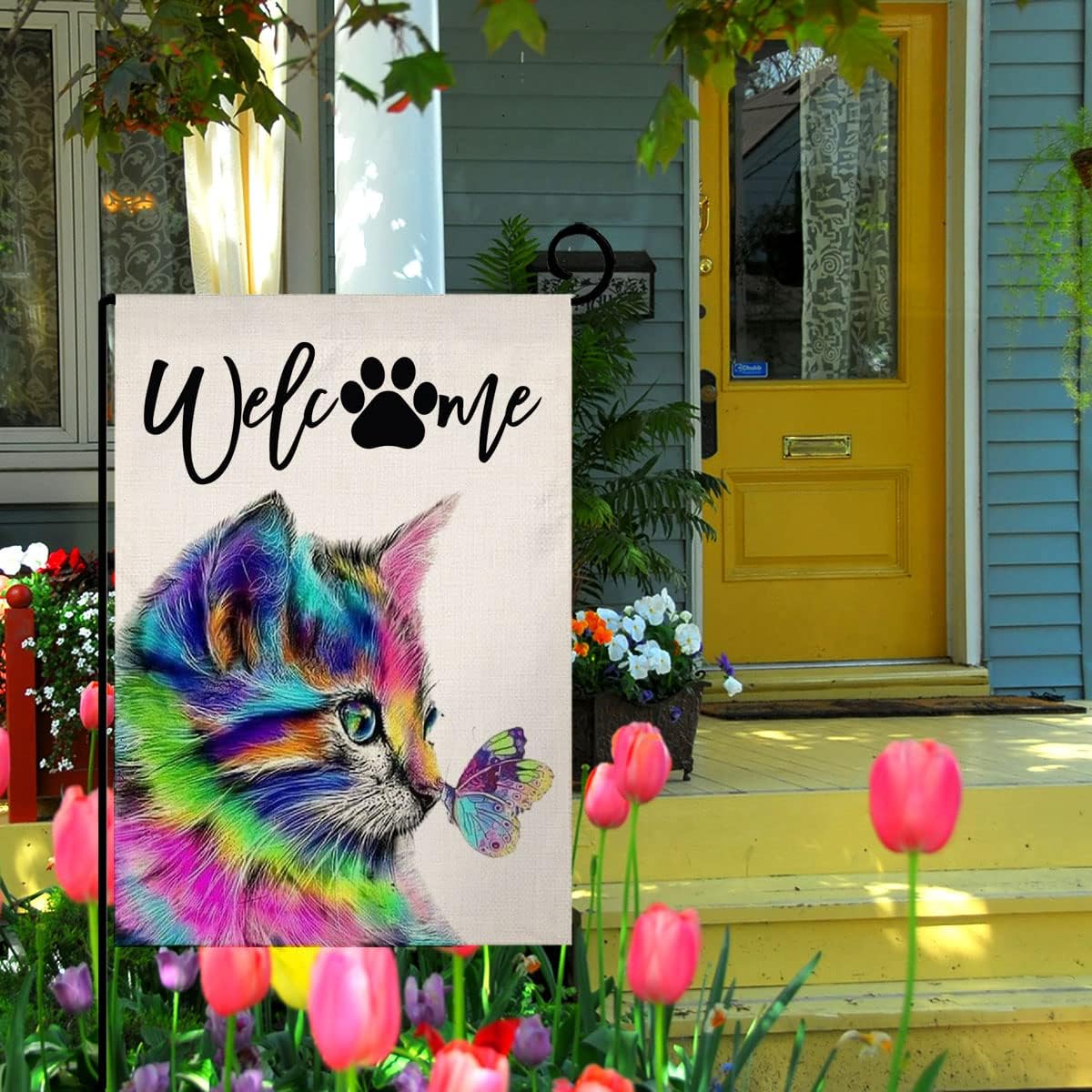 Sambosk Spring Summer Cat Small Garden Flag Vertical Double Sided Burlap Welcome Dog Paw Butterfly Farmhouse Yard Outdoor Decoration 12 x 18 Inches