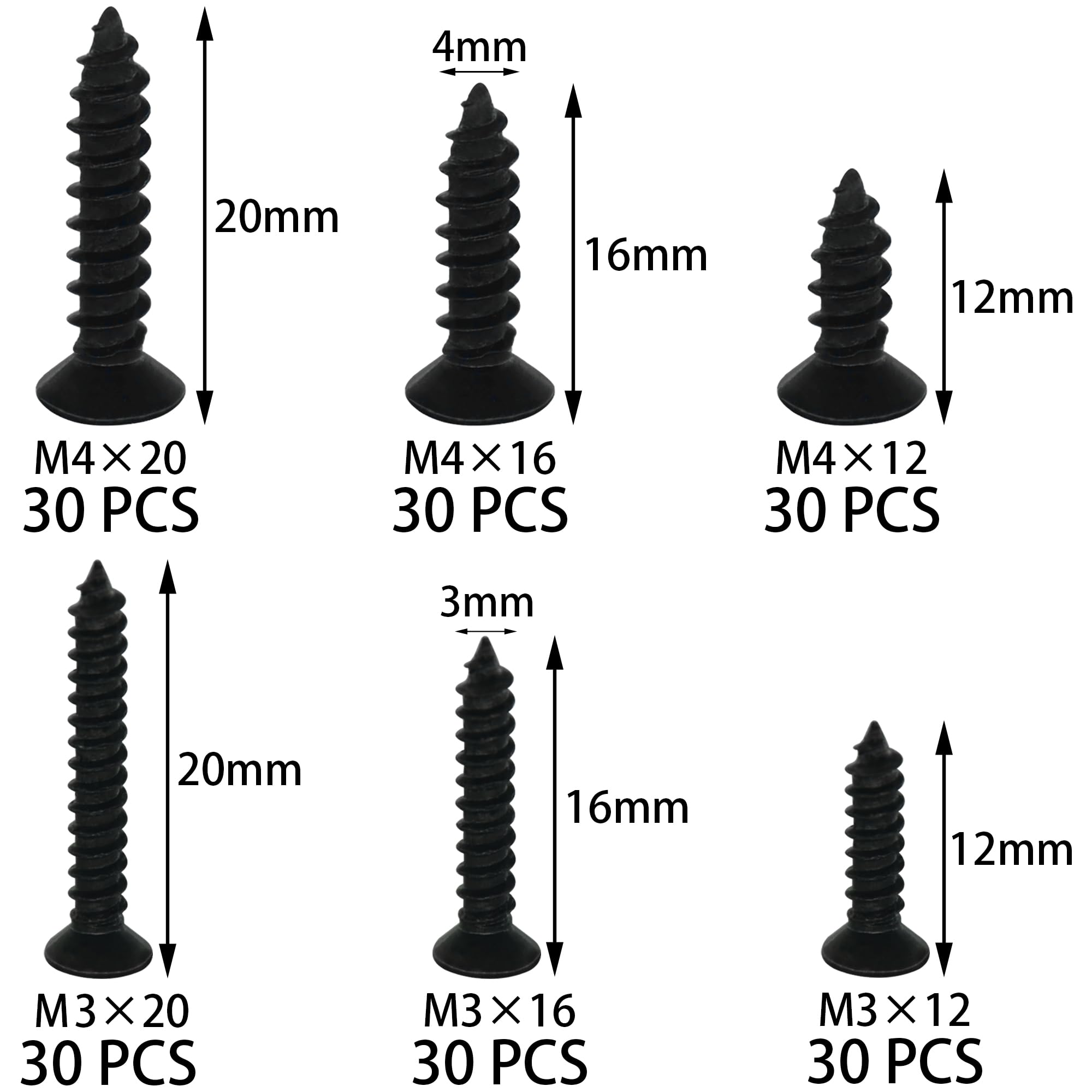 180 PCS M3 M4 Black Flat Head Phillips Self Tapping Wooden Screws - Image 2