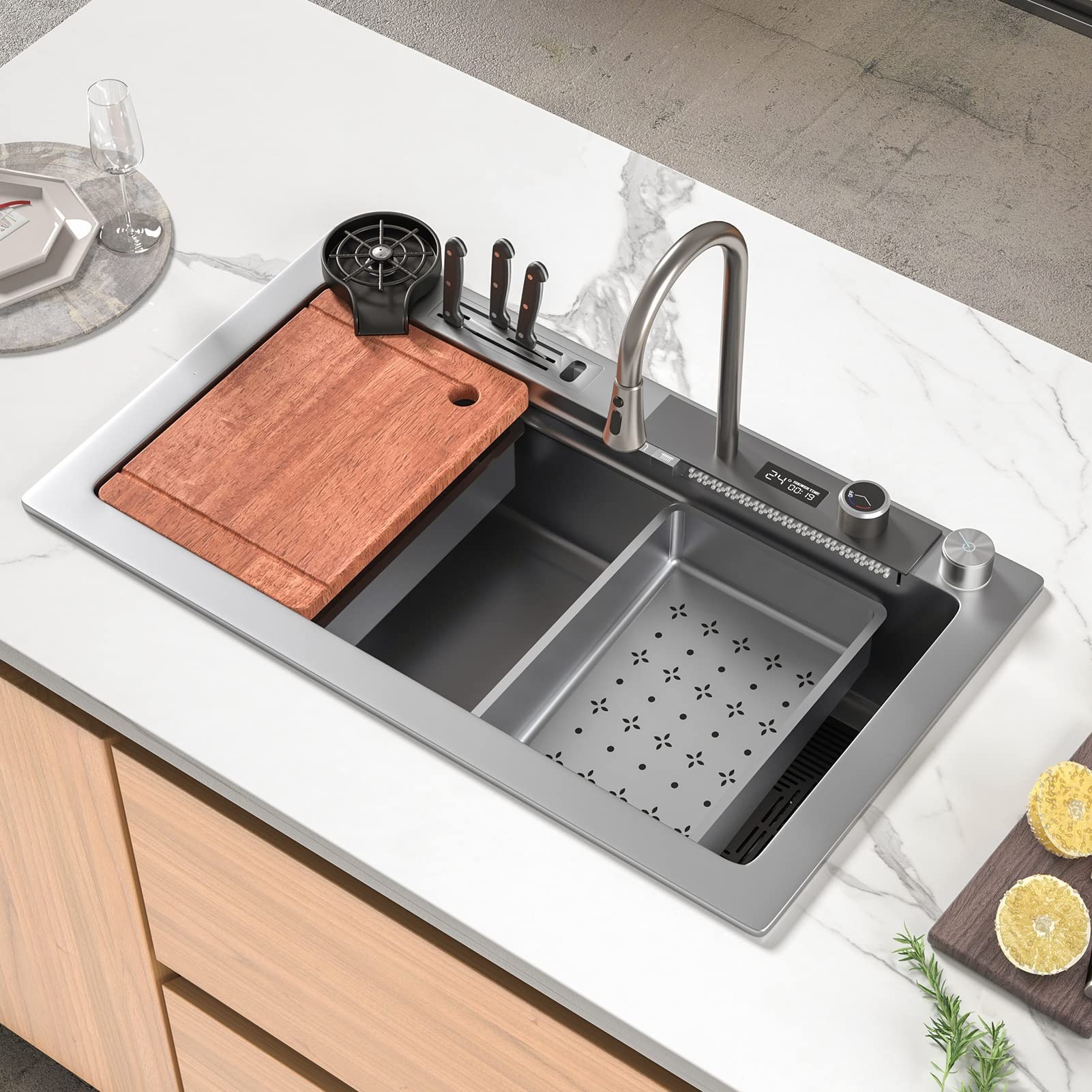 ZQFHSX Kitchen Sinks, Waterfall Sink, Stainless Steel Bar Sink,with Cup Washer Drop-in Or Undermount Installation (Color : Gray, Size 80x46cm)