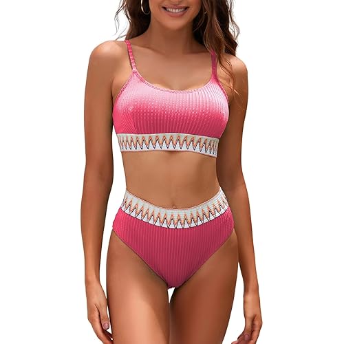 Herseas Women's 2 Piece Bikini Set Ribbed High Waisted Color Block Bathing Suit Chevron Tape Spaghetti Strap Swimsuit