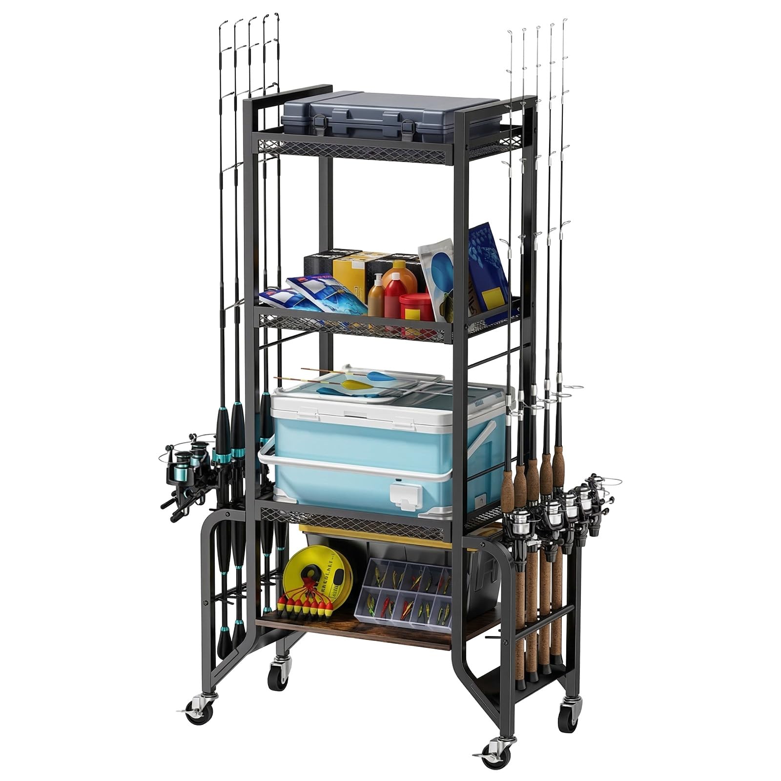 4-Tier Fishing Rod Holder for 10 Rods, 50kg Capacity Fishing Rod Rack Cart with 4 Universal Wheels(2 with Brakes), Heavy Duty Fishing Tackle Storage Rack for Garage, Shed, or Patio