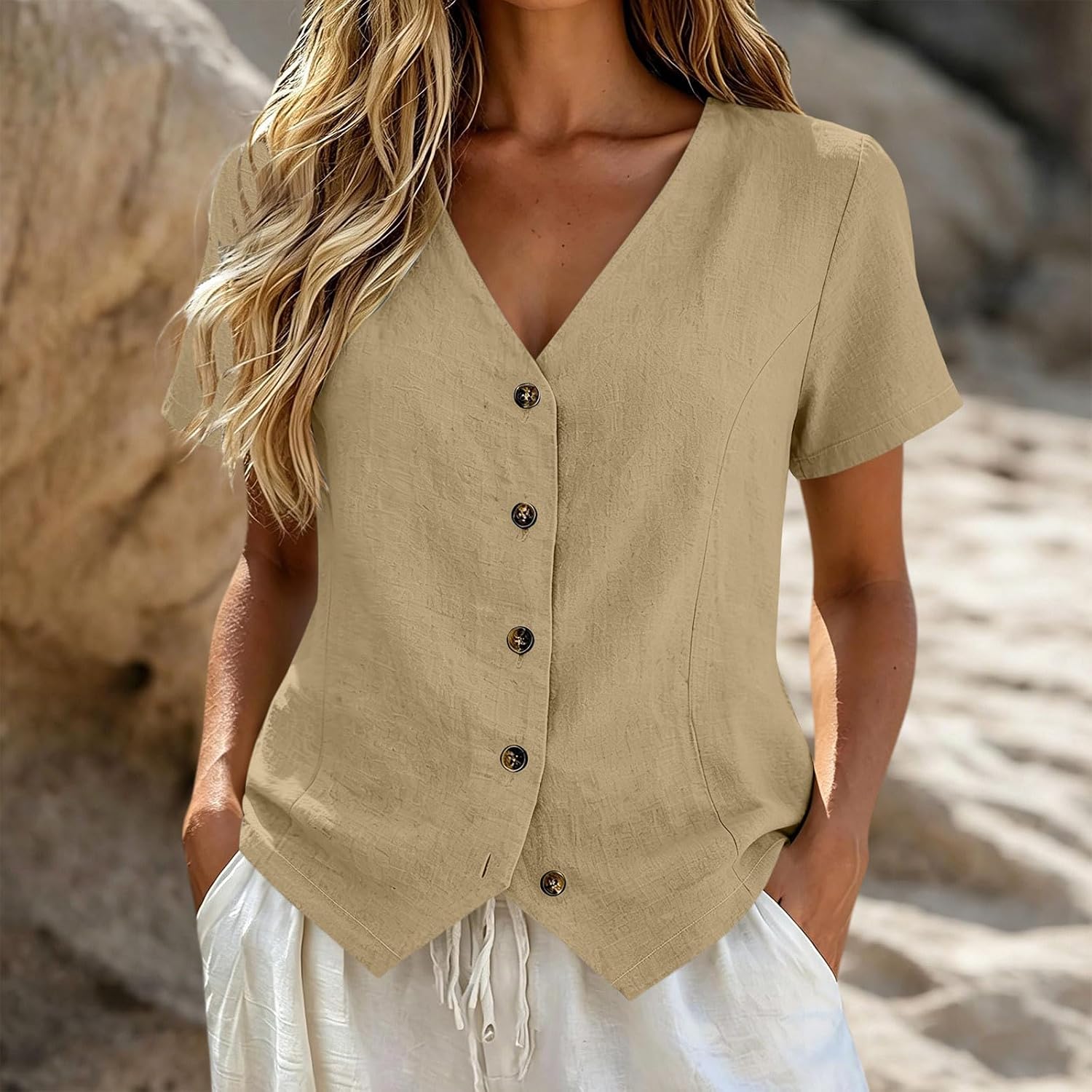 Womens Button Down Shirts Cotton Linen Business Casual | Womens Cotton Linen Button Down Shirts Business Casual Short Sleeve V Neck Solid Summer Blouses Tops