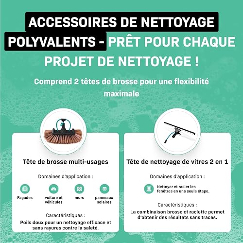 VONROC Brosse de Lavage Télescopique 6,5 m avec Arrivée Eau – Nettoyer Panneaux Solaires, Vitres, Façades et Véhicules – Kit Complet 2 en 1 - avec Tuyau, Raccord Universel - Nettoyage Puissant - 5