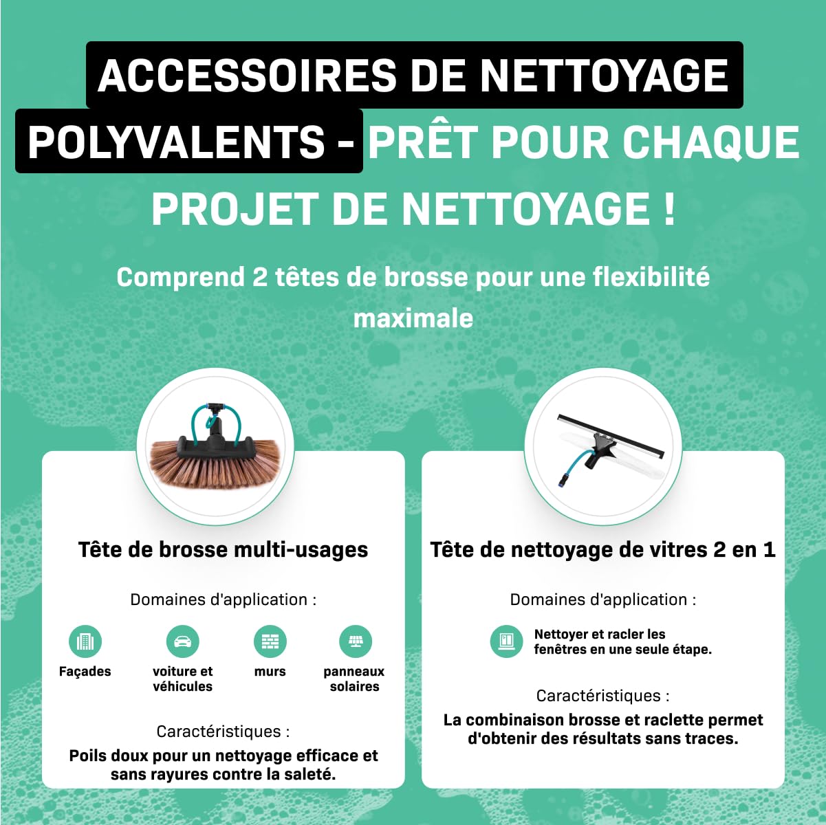 VONROC Brosse de Lavage Télescopique 6,5 m avec Arrivée Eau – Kit Complet 2 en 1 Nettoyage Panneaux Solaires, Vitres, Façades