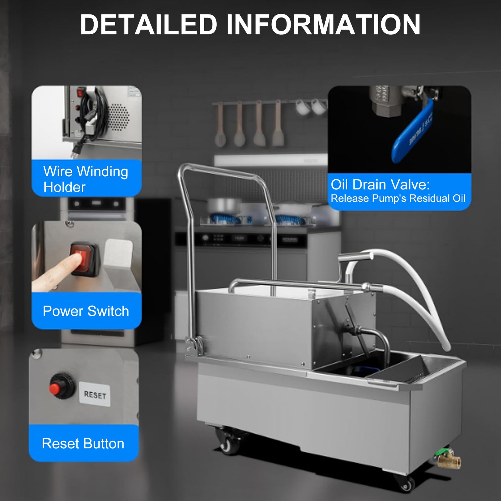 Máquina de filtro de freidora comercial, sistemas de filtración de aceite para separación de aceite de cocina, carrito de llenado de acero inoxidable para restaurantes, movilidad fácil de usar