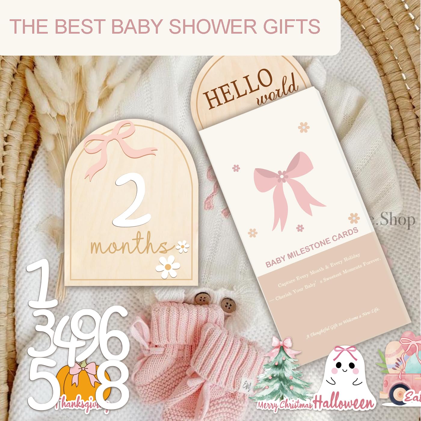 Monthly Baby Milestone Wooden Signs, Double-Sided Bow-Themed Baby Milestone Discs with Hello World & My First Holiday Designs – Cute Baby Announcement Sign & Photoshoot Props for Boys and Girls (Bow)