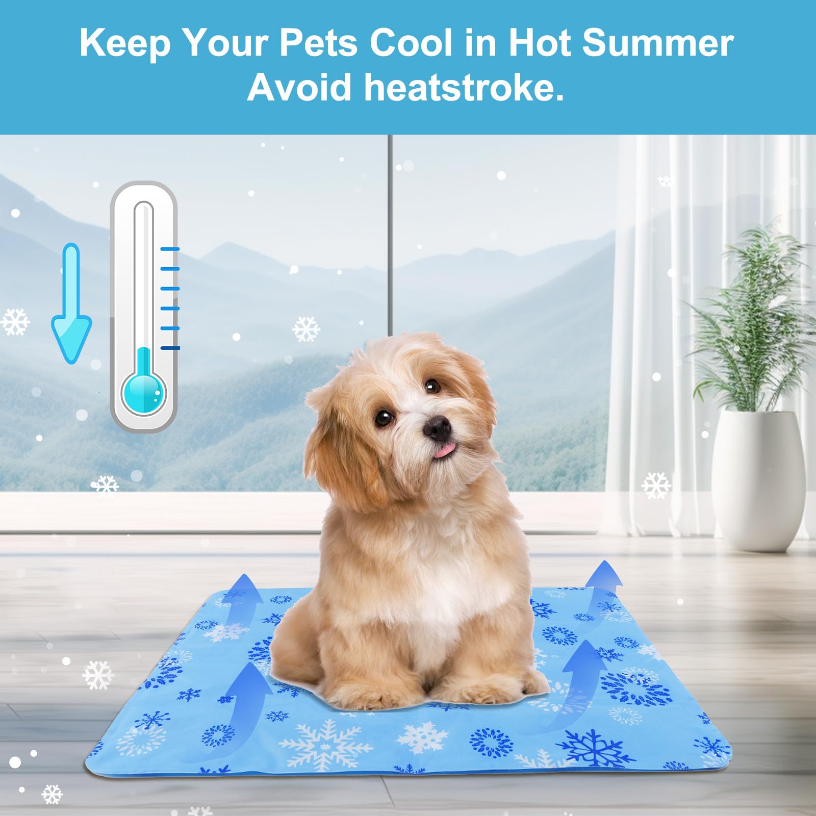 DEWEL Tappetino Refrigerante Cani e Gatti, Materassino Cane 50 x 65 cm, Adatto per Animali Domestici di Peso Inferiore a 15 kg, Raffreddamento Estivo del Lettino per Cani, Motivo a Fiocco di Neve Blu