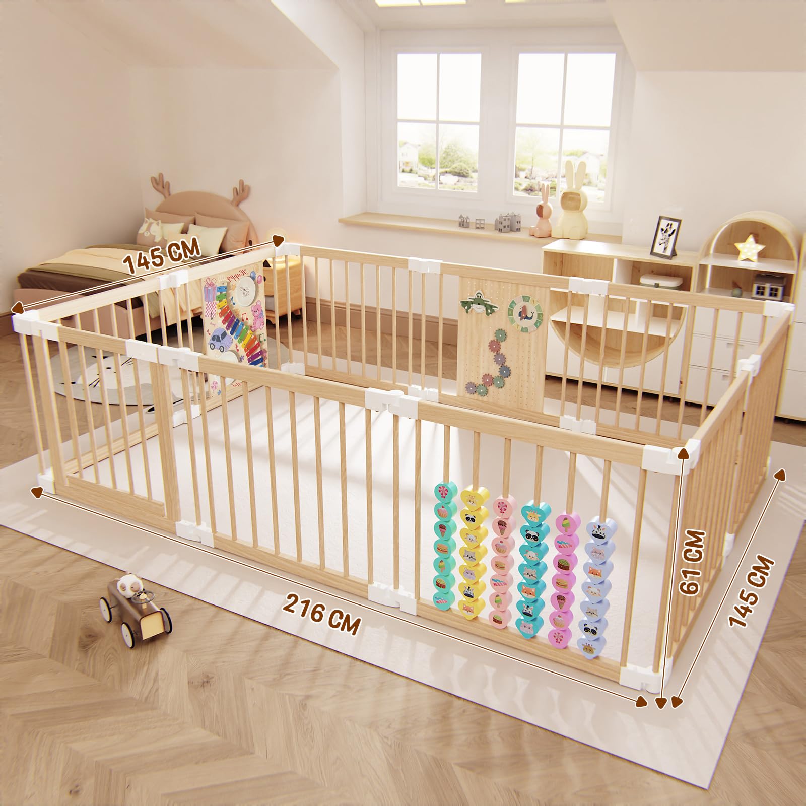 Laufstall Baby mit Spielzeug - Faltbares Laufgitter Baby aus Holz mit Tür & Sicherheitsverschluss, individuell formbarer Krabbelgitter & Absperrgitter(145 * 216 * 61 cm)