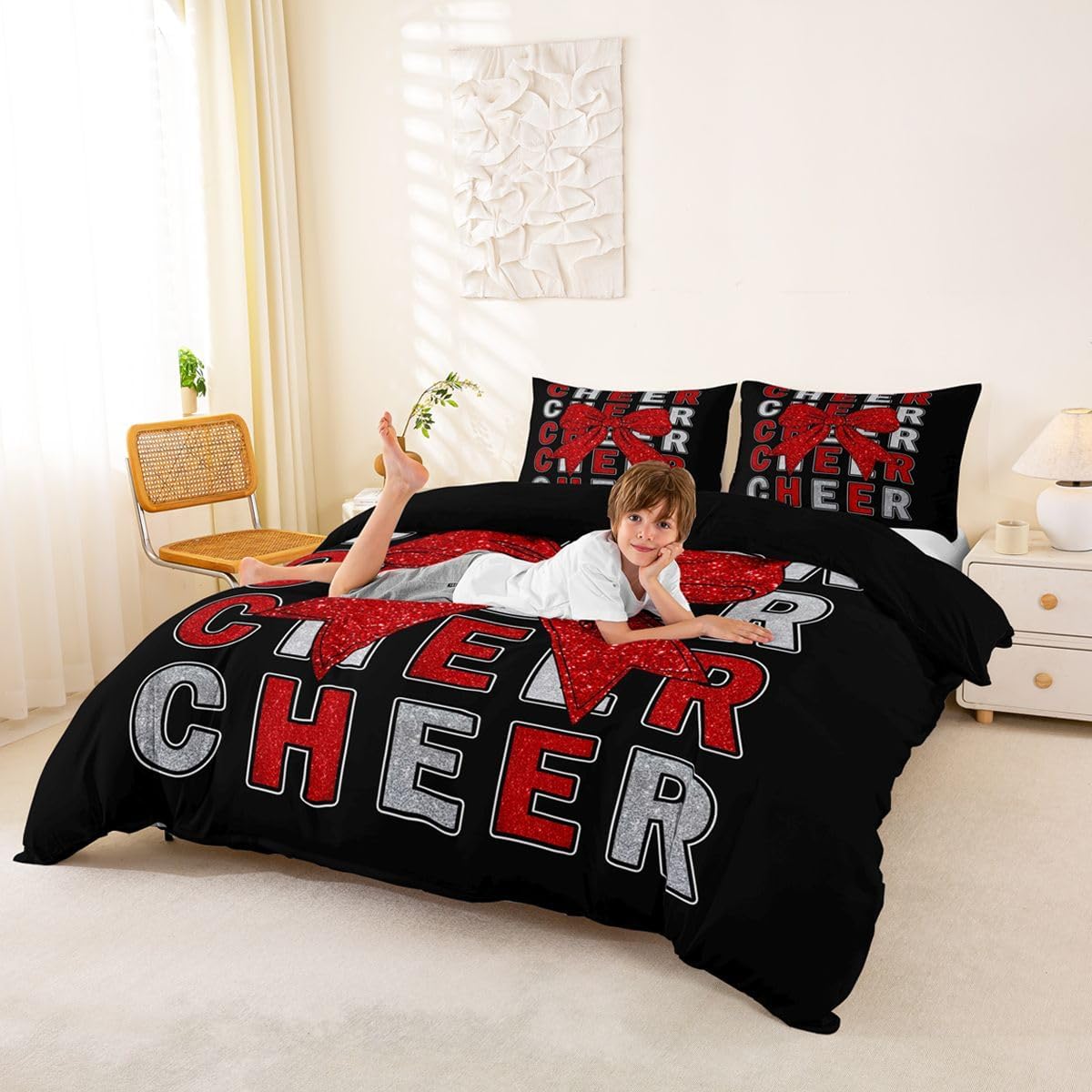 Feelyou Cheer Bow Duvet Cover Full Size Red Glitter Cheerleader Comforter Cover for Boys Girls Cheerleading Bedding Set 3Pcs Sport Room Decor