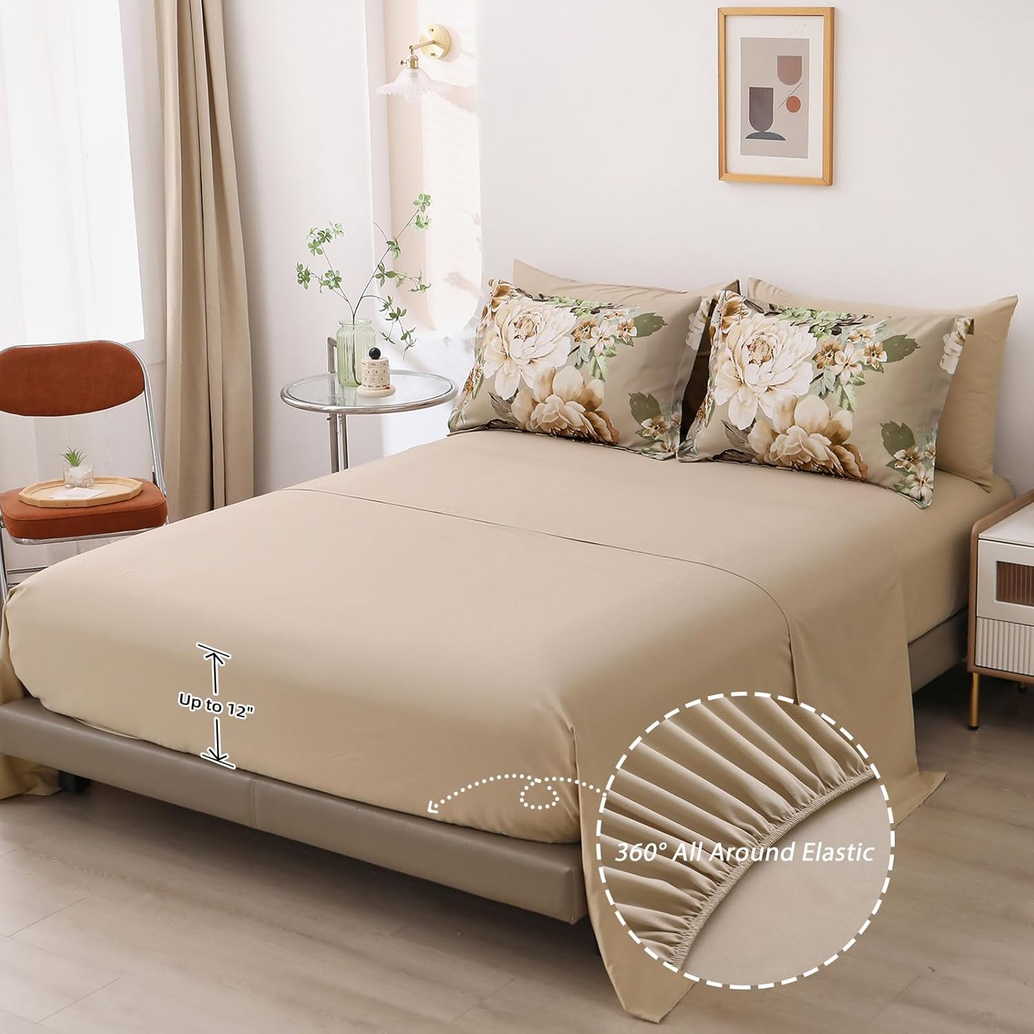 Dintszyayue Khaki Floral Comforter Set Queen Size 7 Pieces Bed in a Bag, Khaki Flower Bedding Set Soft Comforter Set for All Season with Flat Sheet, Fitted Sheet, Pillowcases & Shams - Image 6