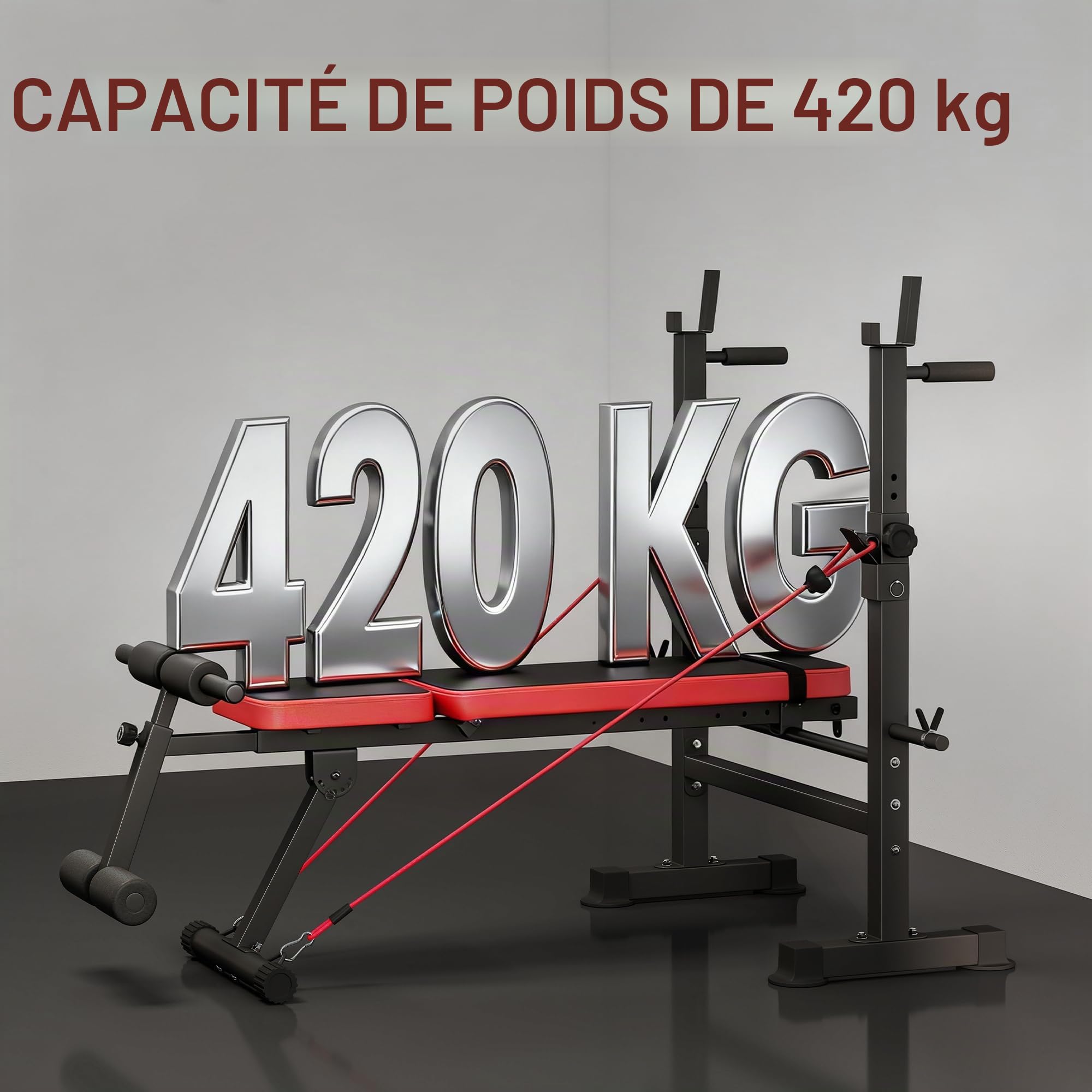 SPORTNOW Banc de Musculation Complet Multifonction avec Dossier Réglable, Repose-Jambes, Sangles d'Entraînement et Support de Poids, Banc Développer Couché à Plat ou Incliné, Entraînement Fitness