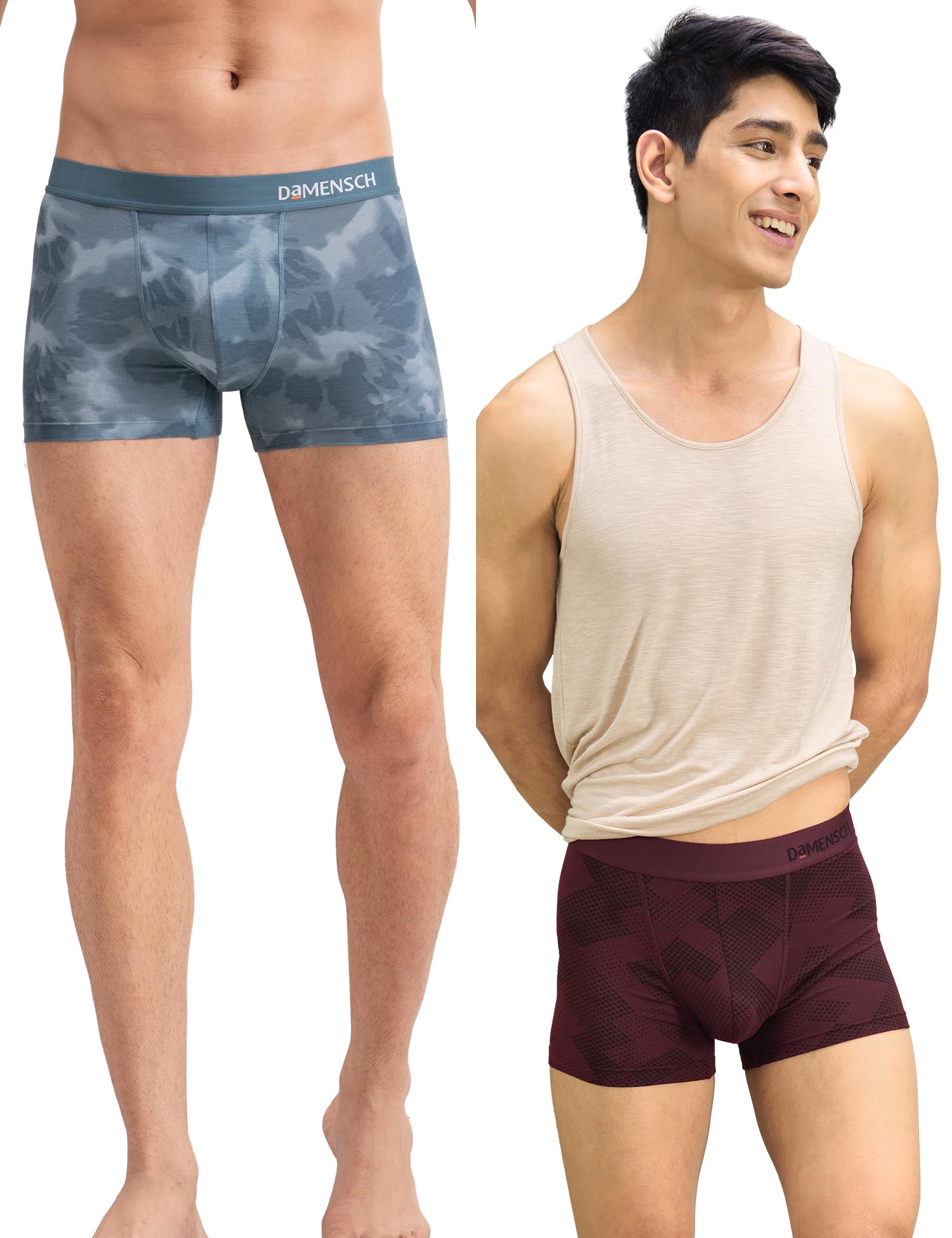 damensch Modal Regular Fit Printed Trunk Underwear Anti-Bacterial Moisture Wicking Breathable Microfibre Waistband Comfortable Deo-Soft Trunks for Men-Qube Maroon, Cloud Blue-S-picture-33