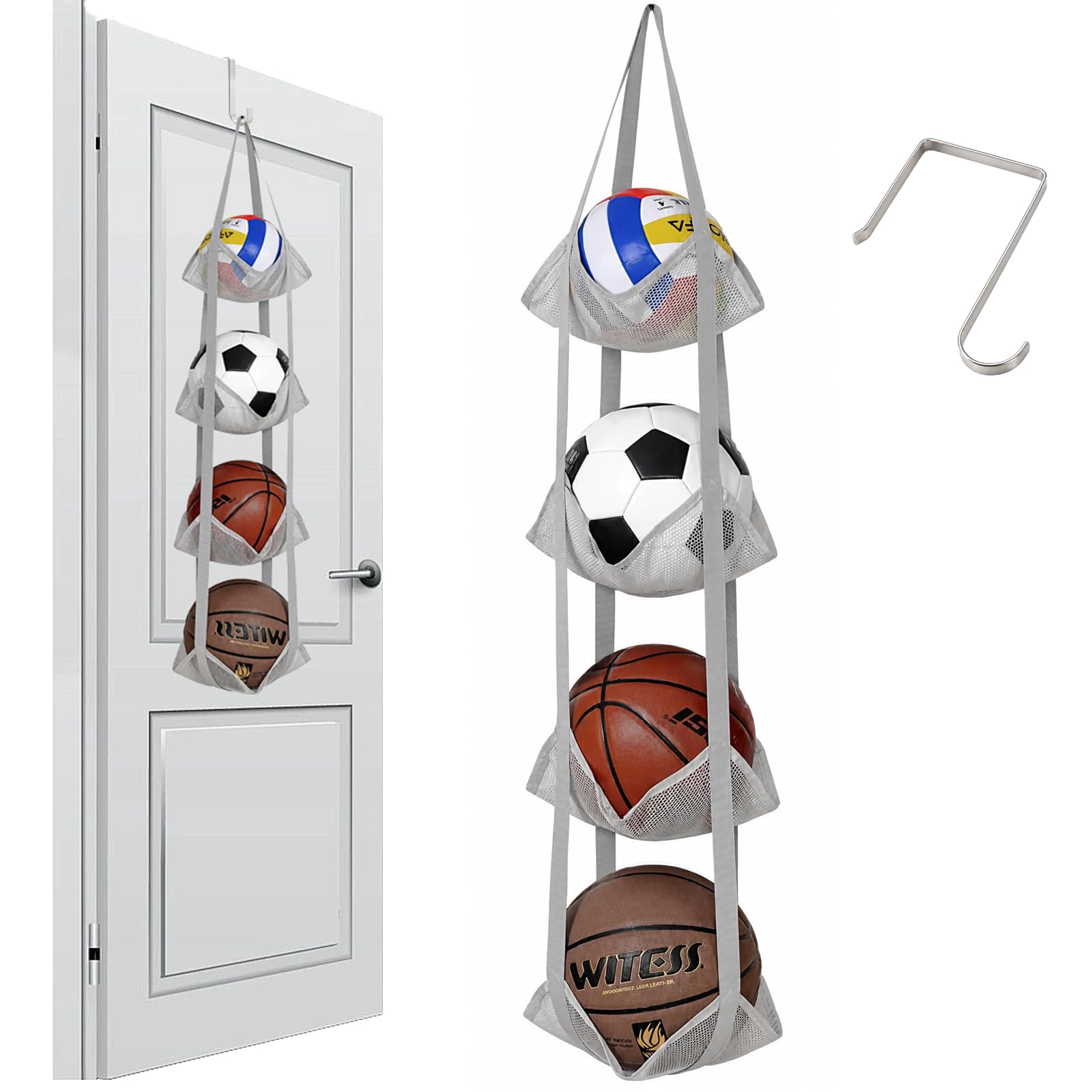 Organizador de Balones de Malla de 4 Niveles, Soporte Vertical para Balones para Puerta o Pared, para Baloncesto, Fútbol, Voleibol, Juguetes y Snacks, Ahorro de Espacio para Garaje, Hogar y Sótano