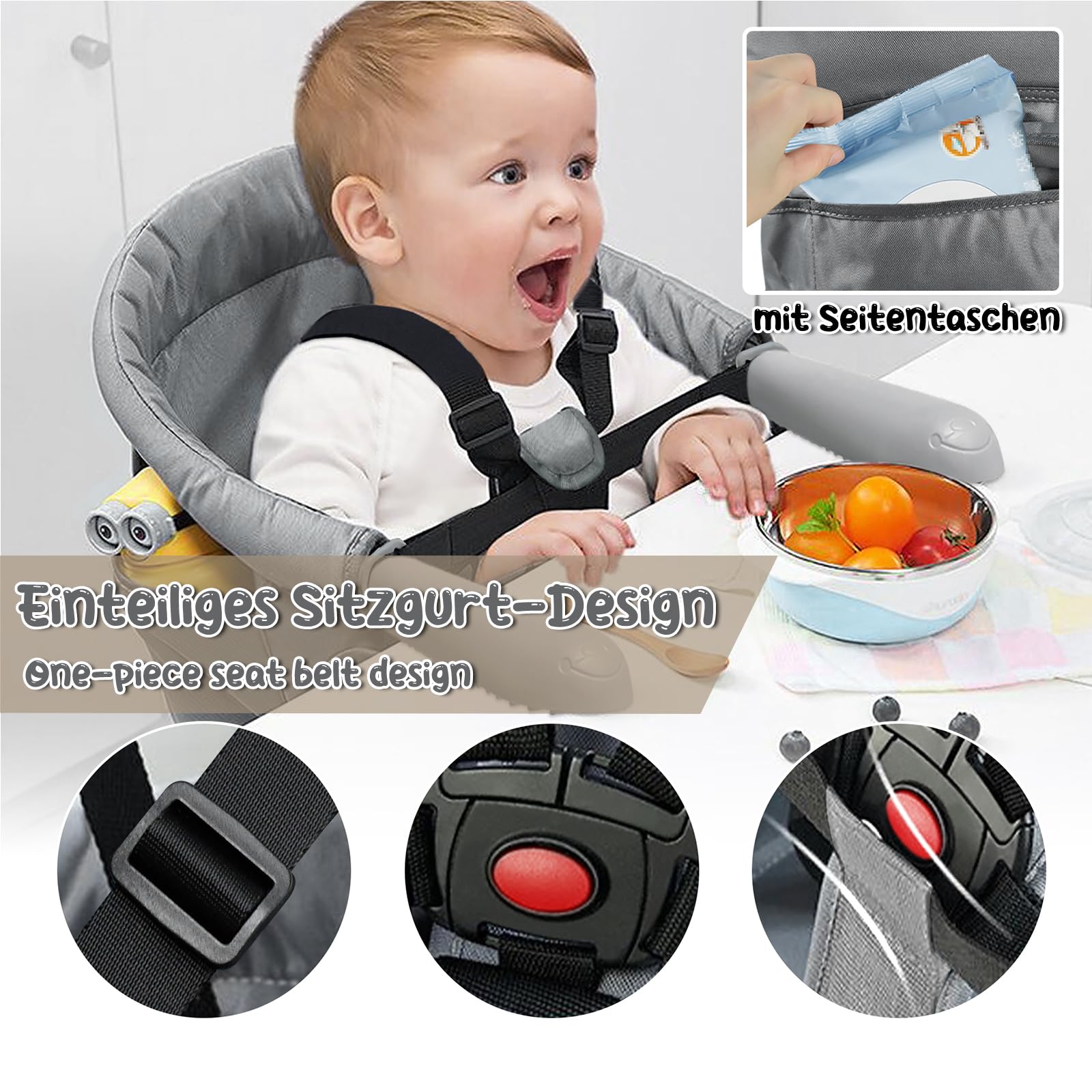 ACXIN Siège de table pour bébé - Chaise haute avec sac de transport - Chaise haute mobile pour enfant de qualité supérieure - Pour restaurant, voyage, etc. - Charge maximale : 15 kg - Gris