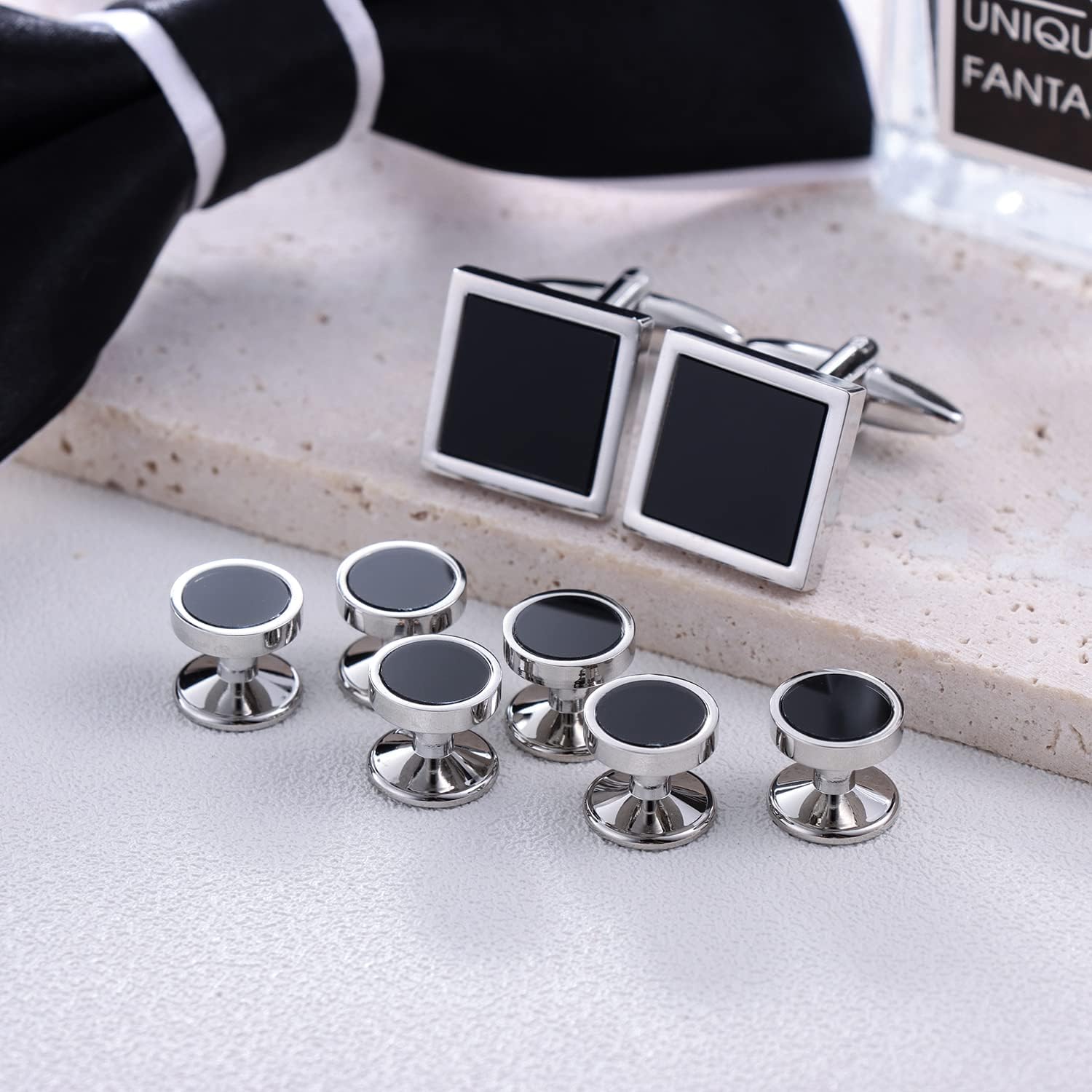 Black Cufflinks and Tuxedo Shirt Stud Set for Men - Wedding Business Parties in Gift Box - Image 5