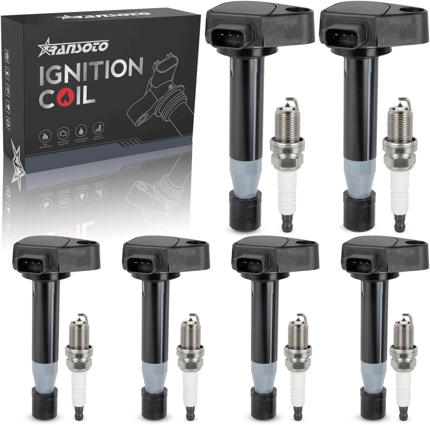 RANSOTO Ignition Coil Pack UF242 & Iridium Spark Plug 4503 Compatible with 1999-2007 Honda Accord Odyssey, Acura CL TL 3.0 3.2 3.5L Set of 6