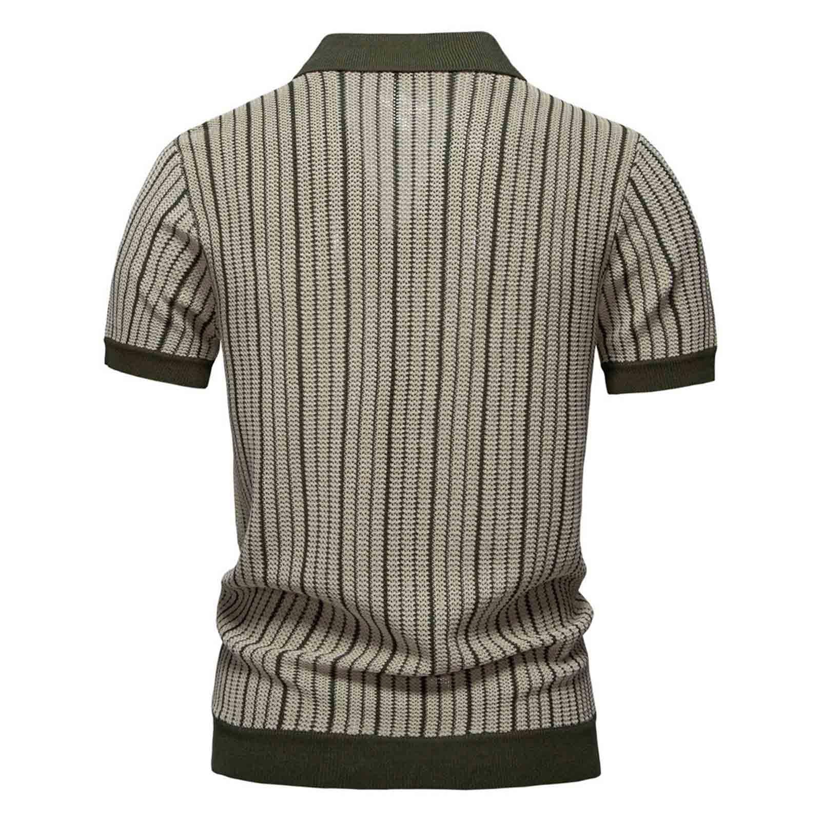 Polo de manga corta para hombre a rayas retro de los años 70, camiseta de punto de manga corta con botones