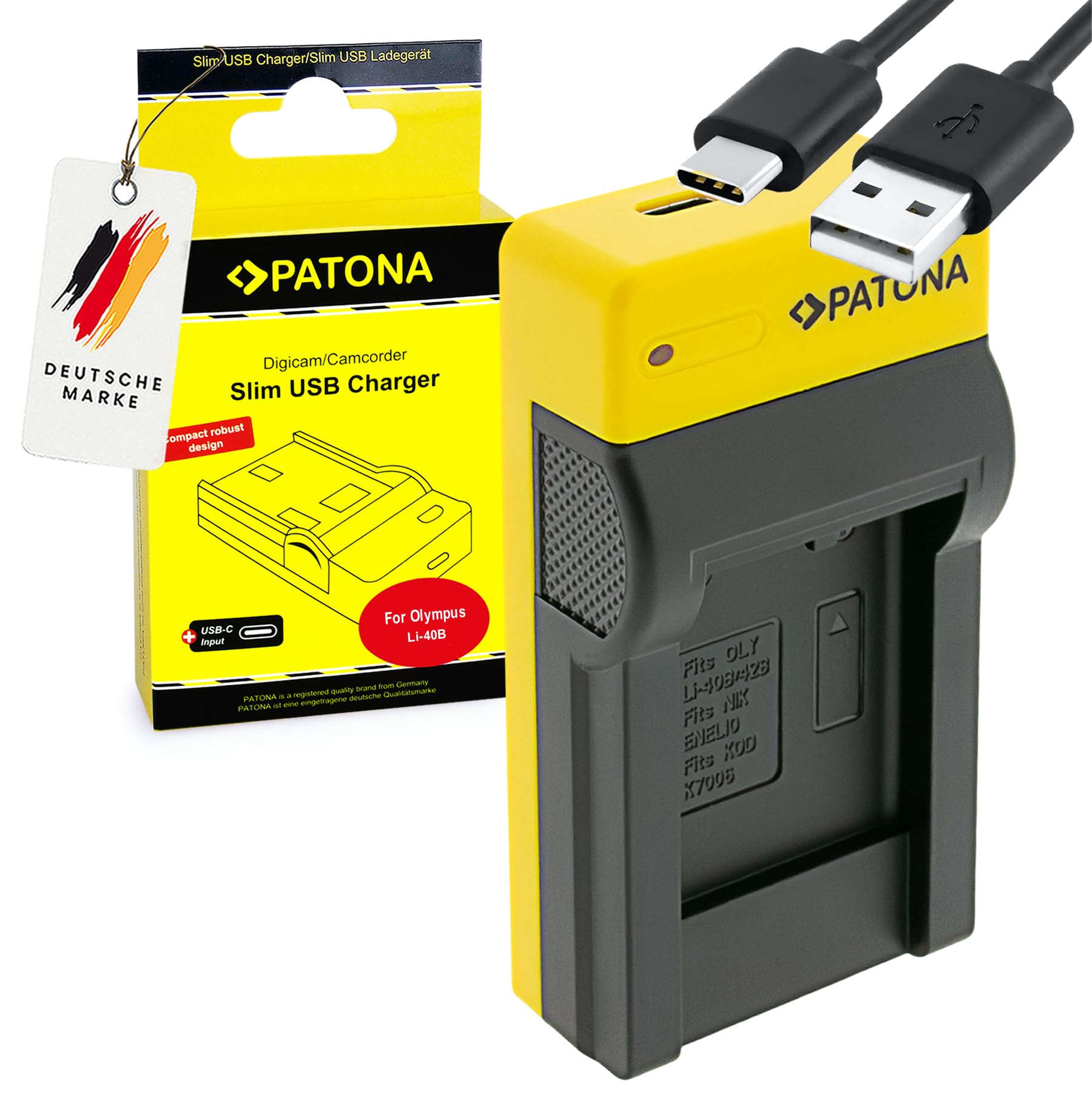 PATONA Slim USB-C Ladegerät passend für Olympus LI-40B, LI-42B, Nikon EN-EL10, Pentax D-LI63 – Kompaktes USB Akkulader für Kamera Akkus – Sicher, leicht & ideal für Reisen