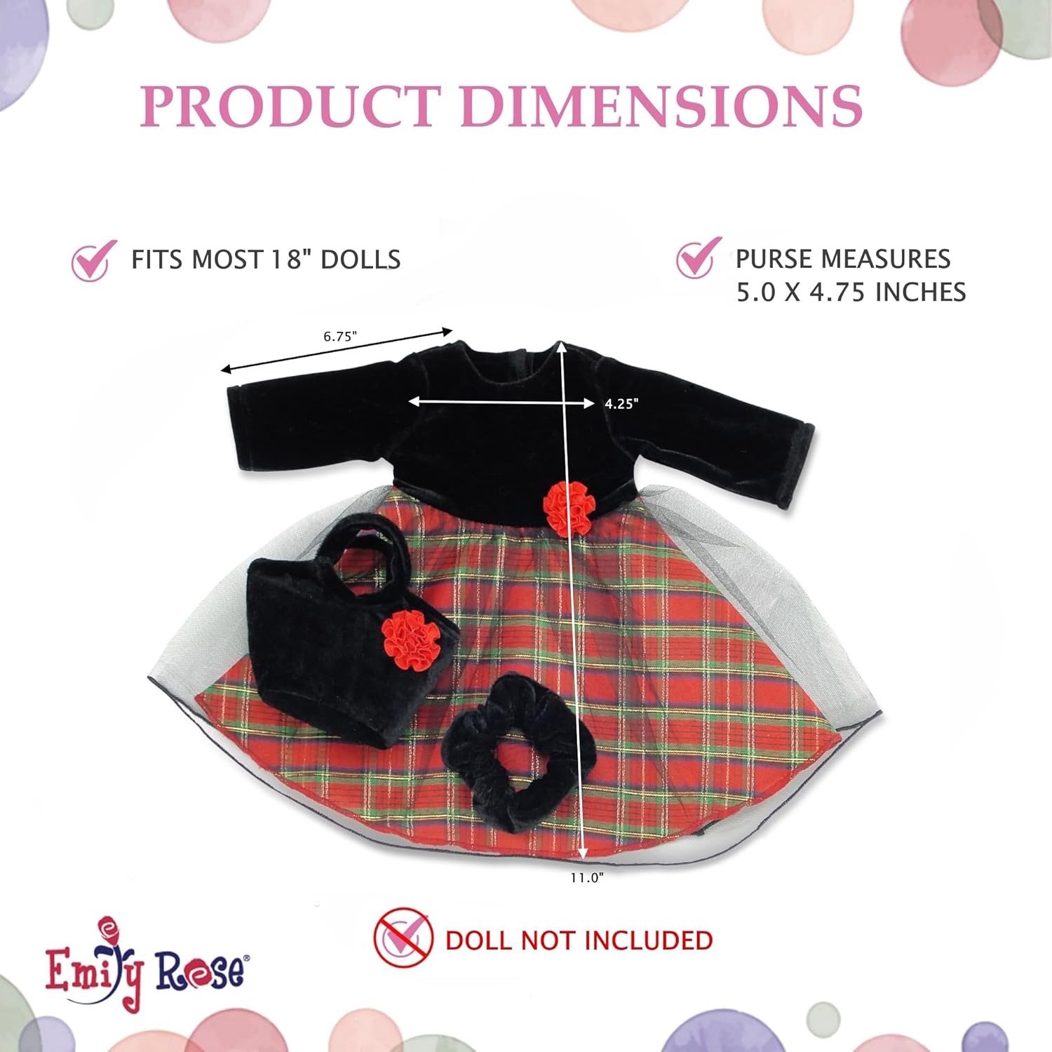 Emily Rose 18 Inch Doll Holiday Party 3-PC Dress & Purse Set | USA Brand Christmas Outfit for 18" Dolls | Quality Fabrics & Reinforced Stitching | Fits American Girl & Our Generation Dolls