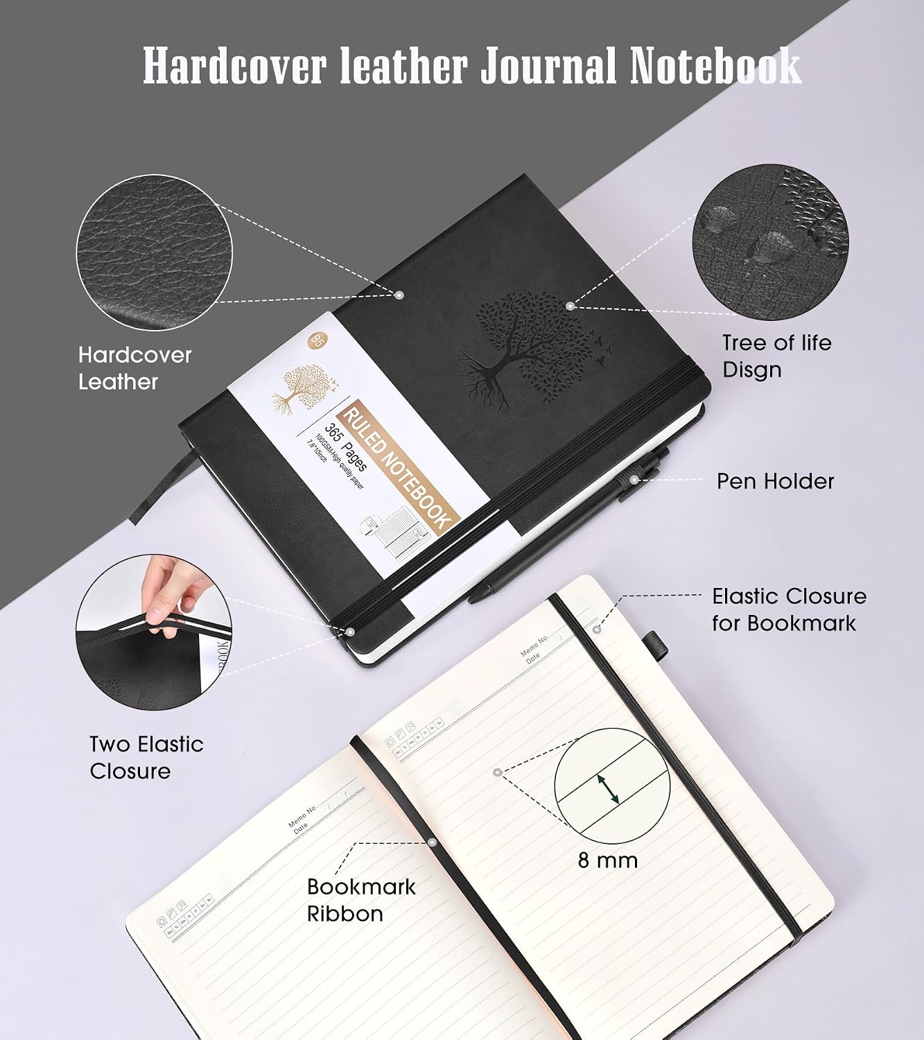 Lined Journal Notebook, 365 Pages B5 Large Journals for Writing Ruled Notebook, Hardcover Leather Journal for Women Men, Daily Notebook for Work, Note Taking, 100Gsm Thick Paper ( 7.6'' X 10'' Black) image 4