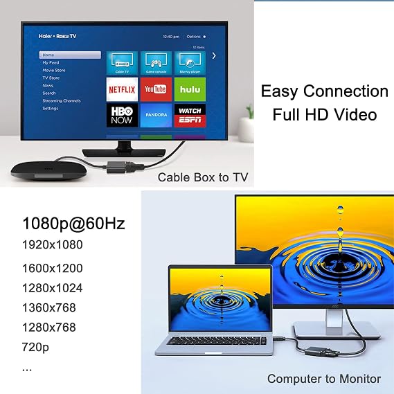 DTECH HDMI to VGA Adapter Cable for Computer Monitor PC TV 1080P HD Video (Male HDMI Input to VGA Output Female Connector)