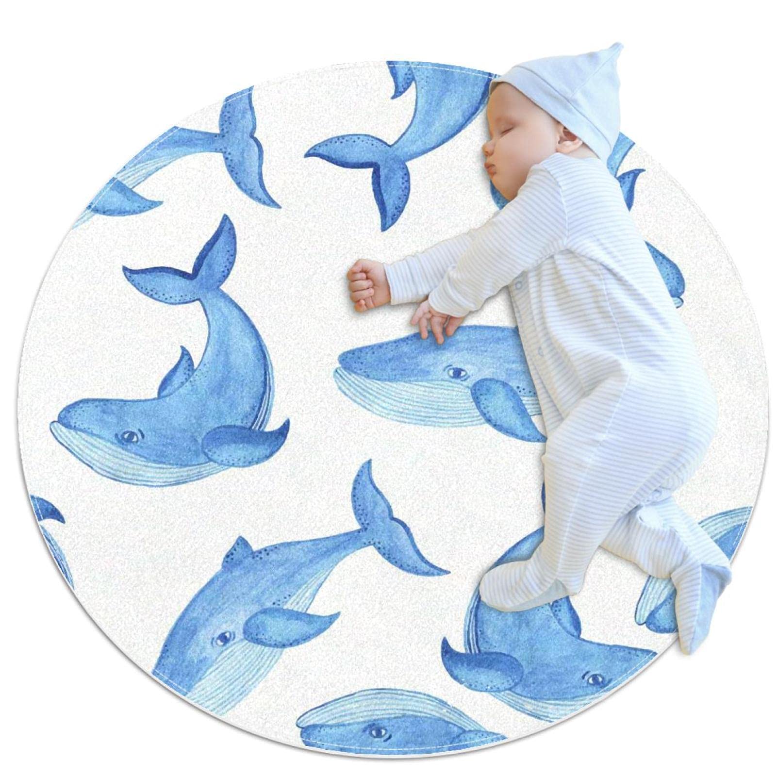 Tapis de sol circulaire baleines bleues moderne et antidérapant pour chambre d'enfant 80x80cm