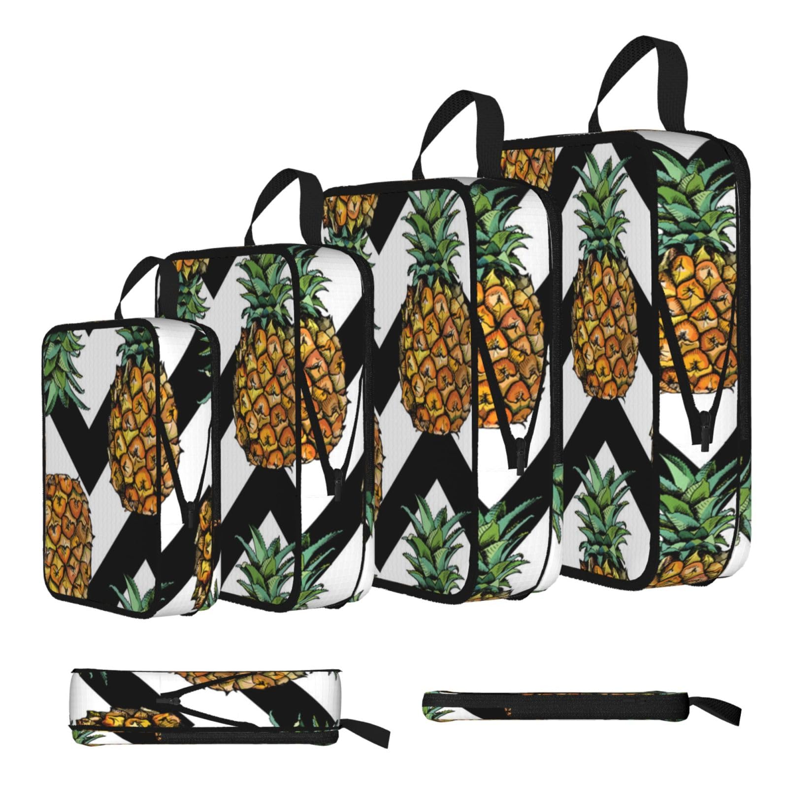 Summer Pineapple Print Compression Packing Cubes 4-Piece Set With Multi- Compartment Travel Bag, Waterproof Suitcase Organiser Bags