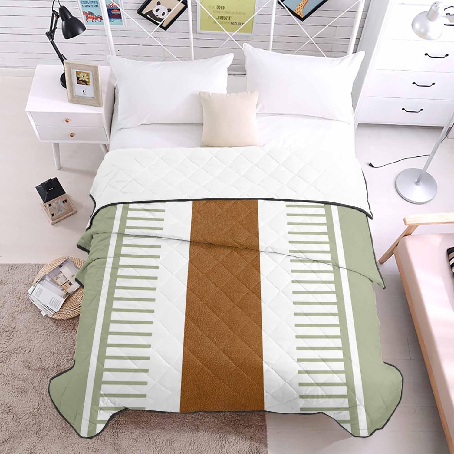 T&H XHome Quilt Full Size Luxury Quilted Comforter Bedspread-Thin Soft Cozy, Boho Sage Green and Brown Striped Geometric Retro Farmhouse Reversible Stitched Lightweight Quilt Coverlet for All Season