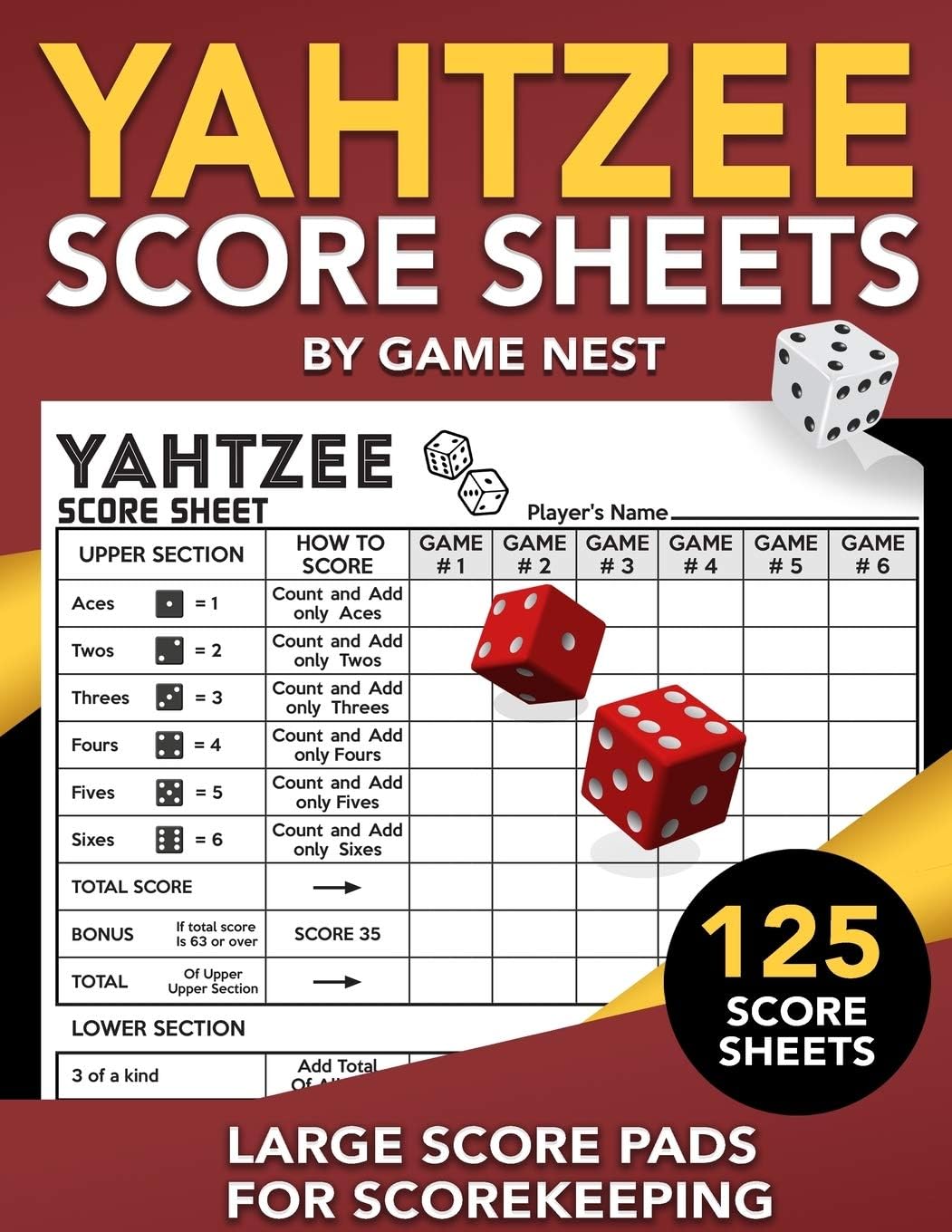 Yahtzee Score Sheets: 125 Large Score Pads for Scorekeeping 8.5" x 11" Y