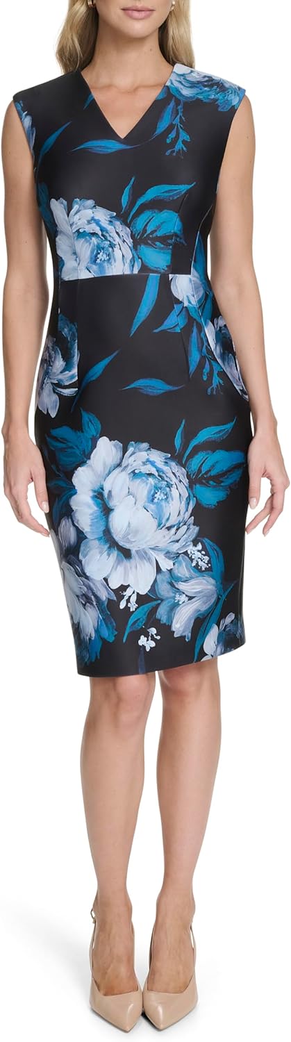 Calvin Klein Women's Sleeveless V-Neck Floral Scuba Sheath Dress