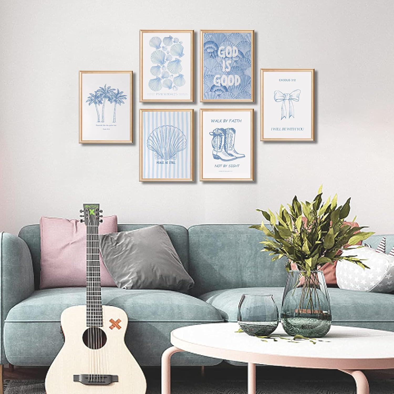 6 Pcs Coastal Christian Wall Art Blue Seashell Scripture Quote Wall Decor Pictures Coastal Granddaughter Preppy Religion Aesthetics Posters Prints for Living Room Bedroom Home Decorations Unframed