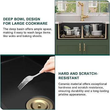 33x20 Black Farm Sink Workstation, Double Bowl Workstation Ceramic Porcelain Fireclay Reversible Apron Front Country Style Farmhouse Kitchen Sink with Gold Accessories #TLAC-0071