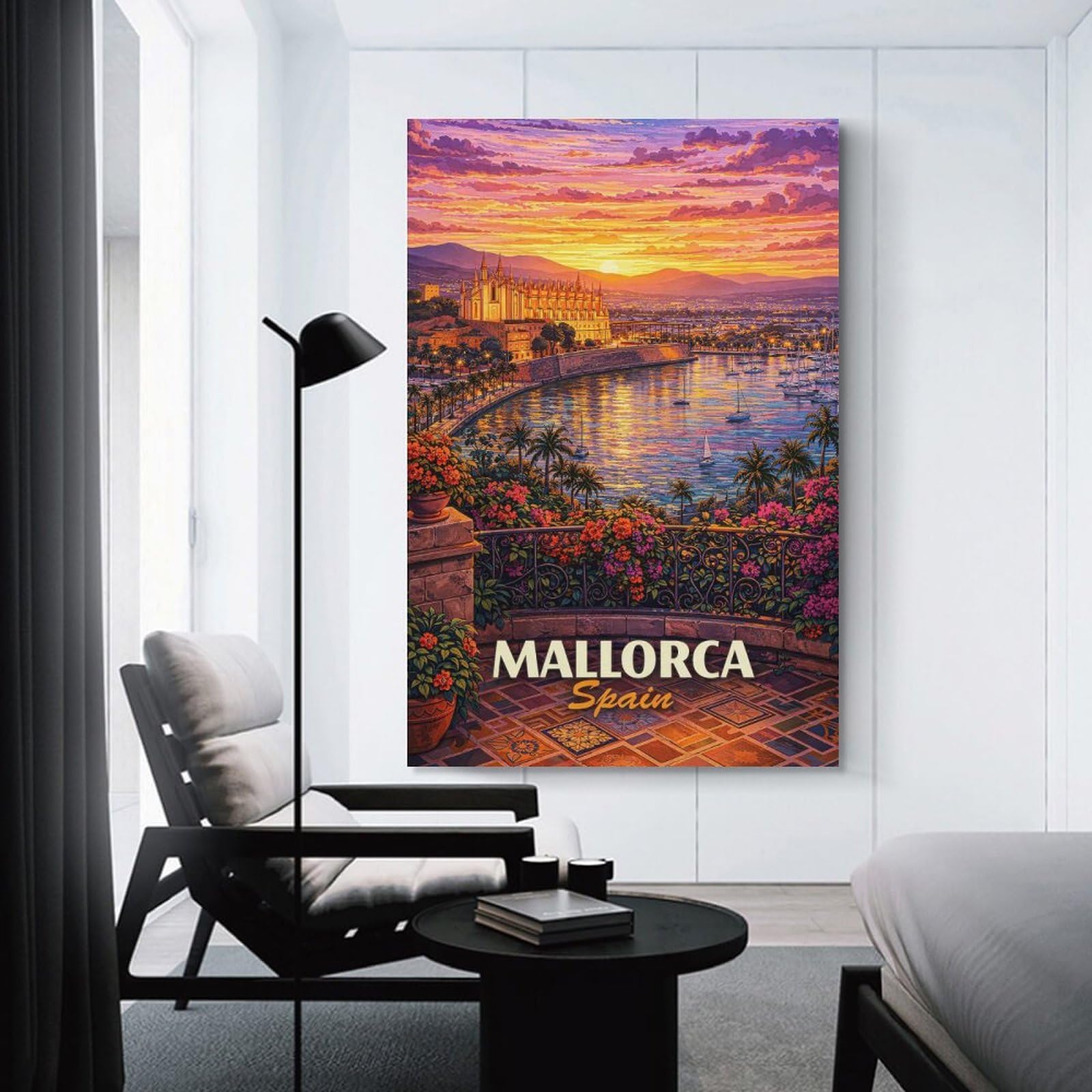 Junmoney Unframe-Style-16 Hanging Wall Art Mallorca Spain Sunset Harbor Painting, 24X36inch(60X90cm), For Work Areas, Reading Rooms Or Studios, Wall Art That Adds Style To Work Areas