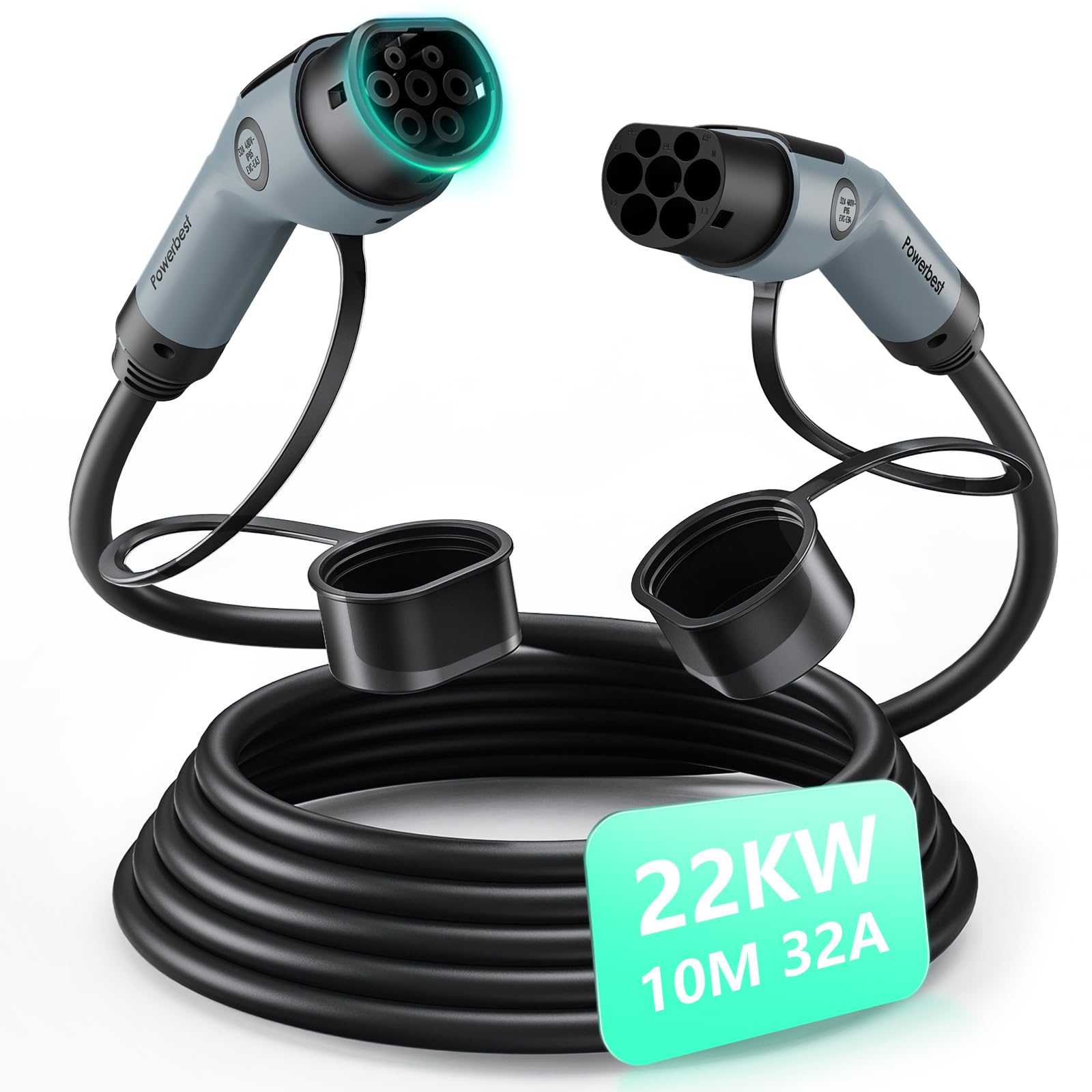Typ-2-Ladekabel, 22KW 10M 32A Dreiphasiges E-Auto-Ladekabel Typ 2 auf Typ 2 Mode 3 für Elektro- und Hybridfahrzeuge – Kompatibel mit Model S/3/X/Y, e-Golf, ID.3, i3/i8