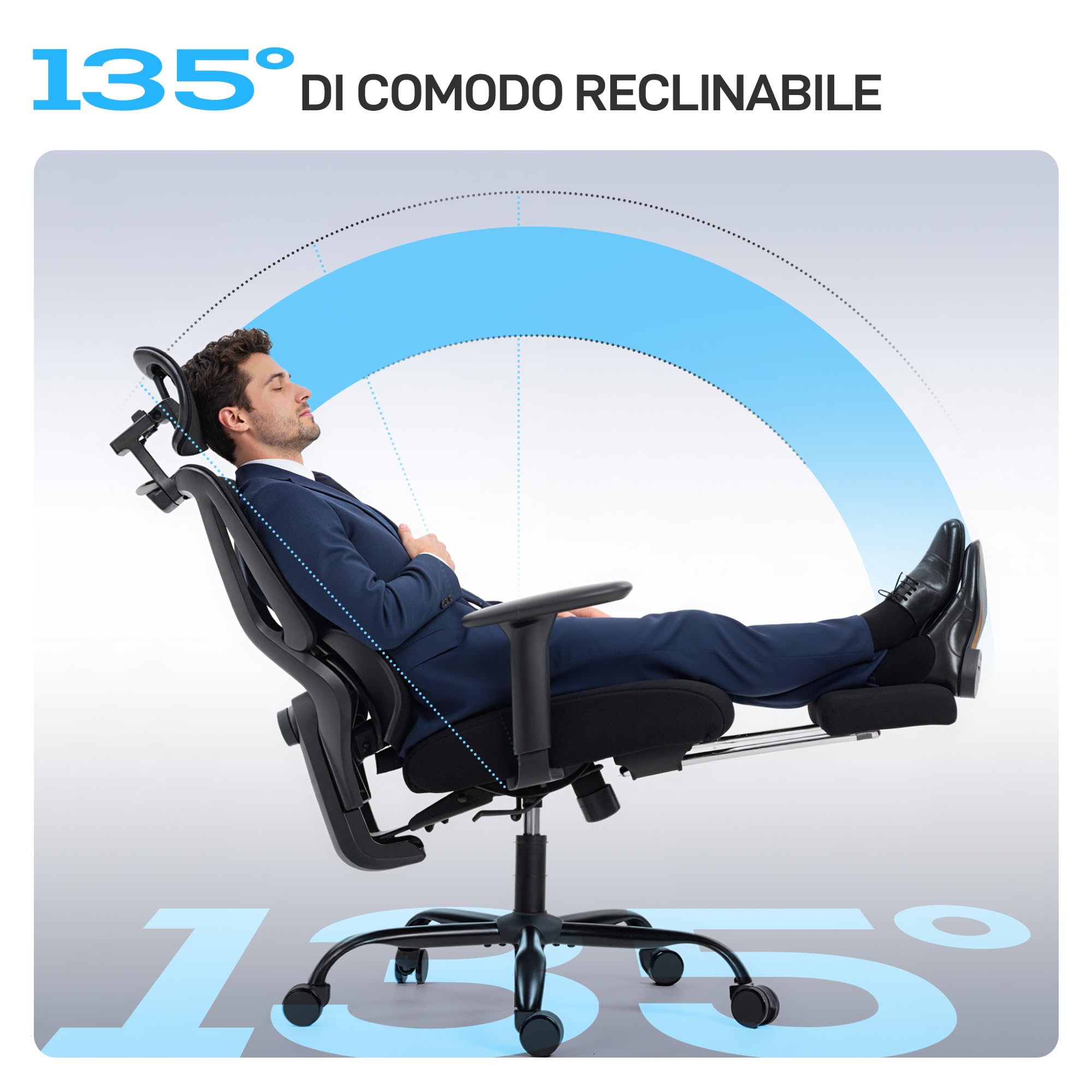 HOMCOM Sedia Ufficio Ergonomica Reclinabile con Poggiapiedi Girevole Nero