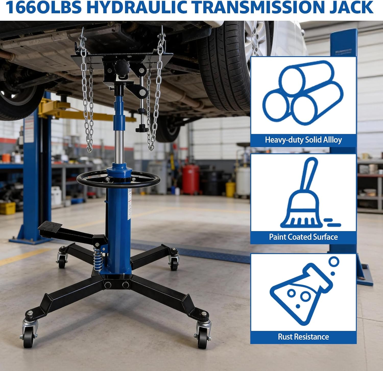 1660 LBS Transmission Jack, Hydraulic Telescoping Jack with 30° Tilt Saddle, 34"-68" Lifting Range, 4 Swivel Casters & Safety Chains for Automotive Light Truck Installation Removal