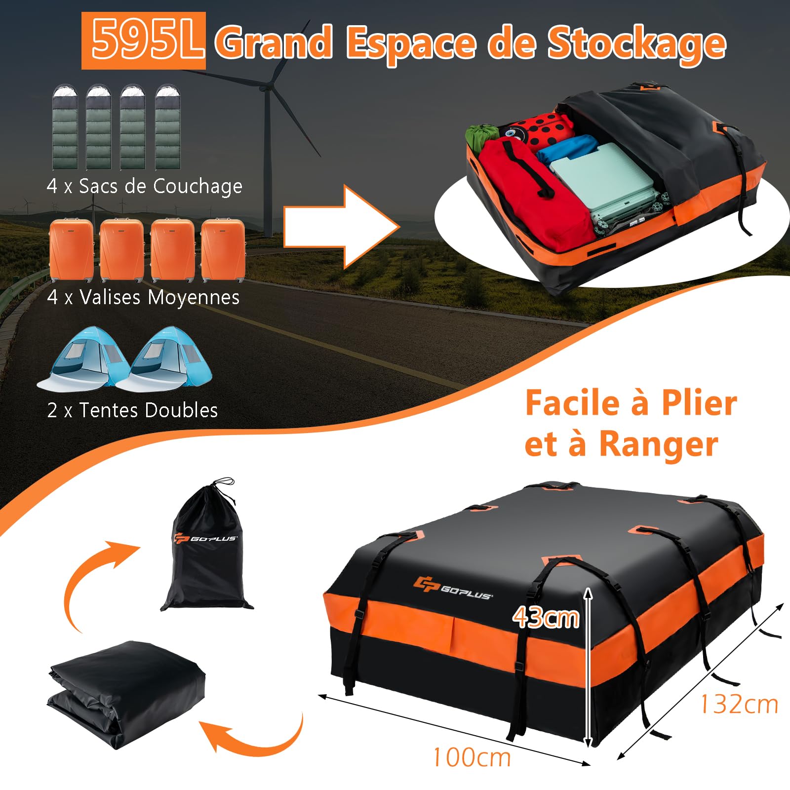 GOPLUS Sac de Toit de Voiture de 21 Pieds Cubes, Sac de Transport Étanche sur Le Toit avec 10 Sangles Renforcées, 6 Crochets de Porte, Tapis Antidérapant et Sac de Rangement, pour Tous Les véhicules