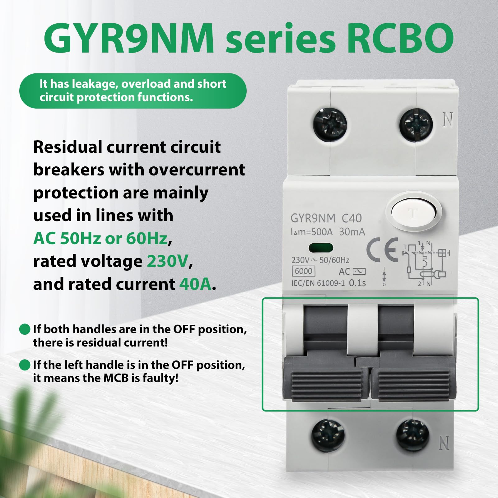Disjoncteur différentiel 40a 30ma 1P+N Interrupteur Différentiel RCBO 6KA AC 220V avec protection contre les courants de fuite, les surcharges et les courts circuits.
