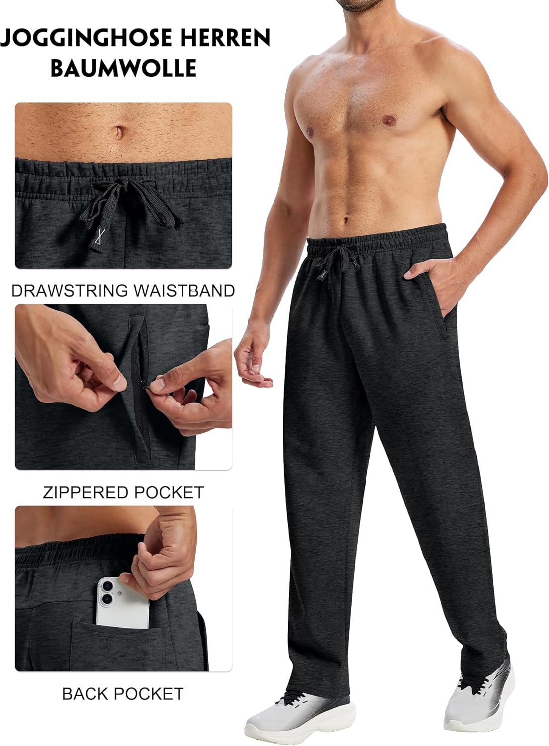 HIBETY Men's Cotton Yoga Sweatpants Open Bottom Athletic Lounge Pants Straight Leg Casual Pants for Men with Zipper Pockets