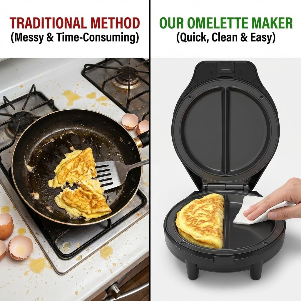 Dual-Zone Electric Omelette Maker,Omelette Maker Electric,1000w Rapid Double-Sided Egg Cooker With Non-Stick Plates，Anti-Silp Base Anti-Scald Handle Cool-Touch Handle for Home,Dorm&Travel