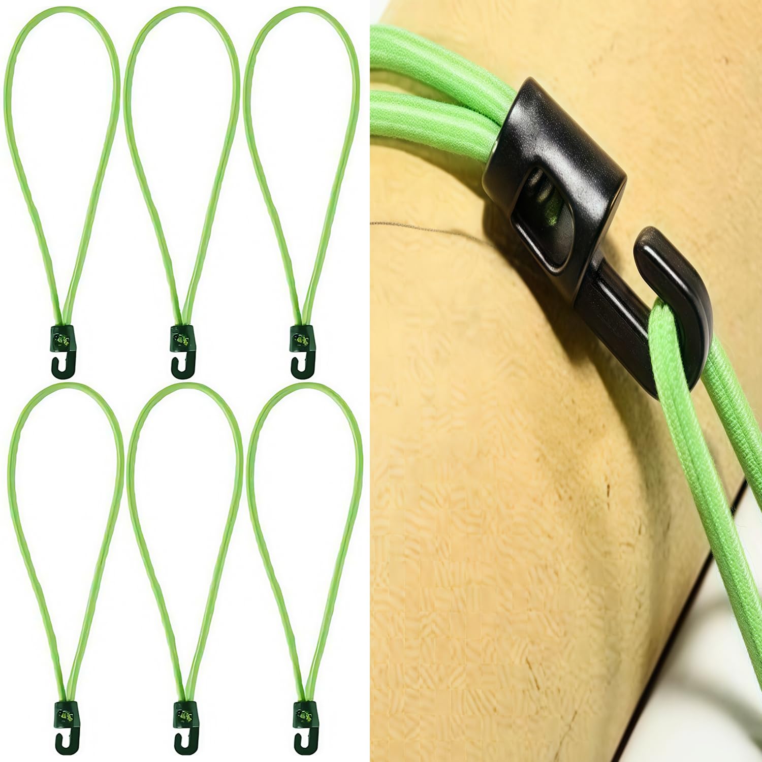 6 Pcs Bungee Cords with Hooks, 10 Inch Heavy Duty Outdoor Elastic Bungee Straps Multi-Purpose Elastic Bungee Straps for Securing Luggage Straps, Camping, Bikes or garden tidying. (Green)