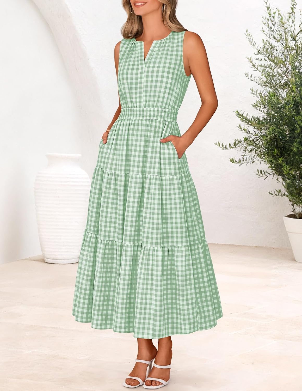 MEROKEETY Womens Summer Casual Midi Maxi Dress 2026 Beach Vacation Sleeveless Boho V Neck Cotton Modest Long Dresses Pockets thumbnail