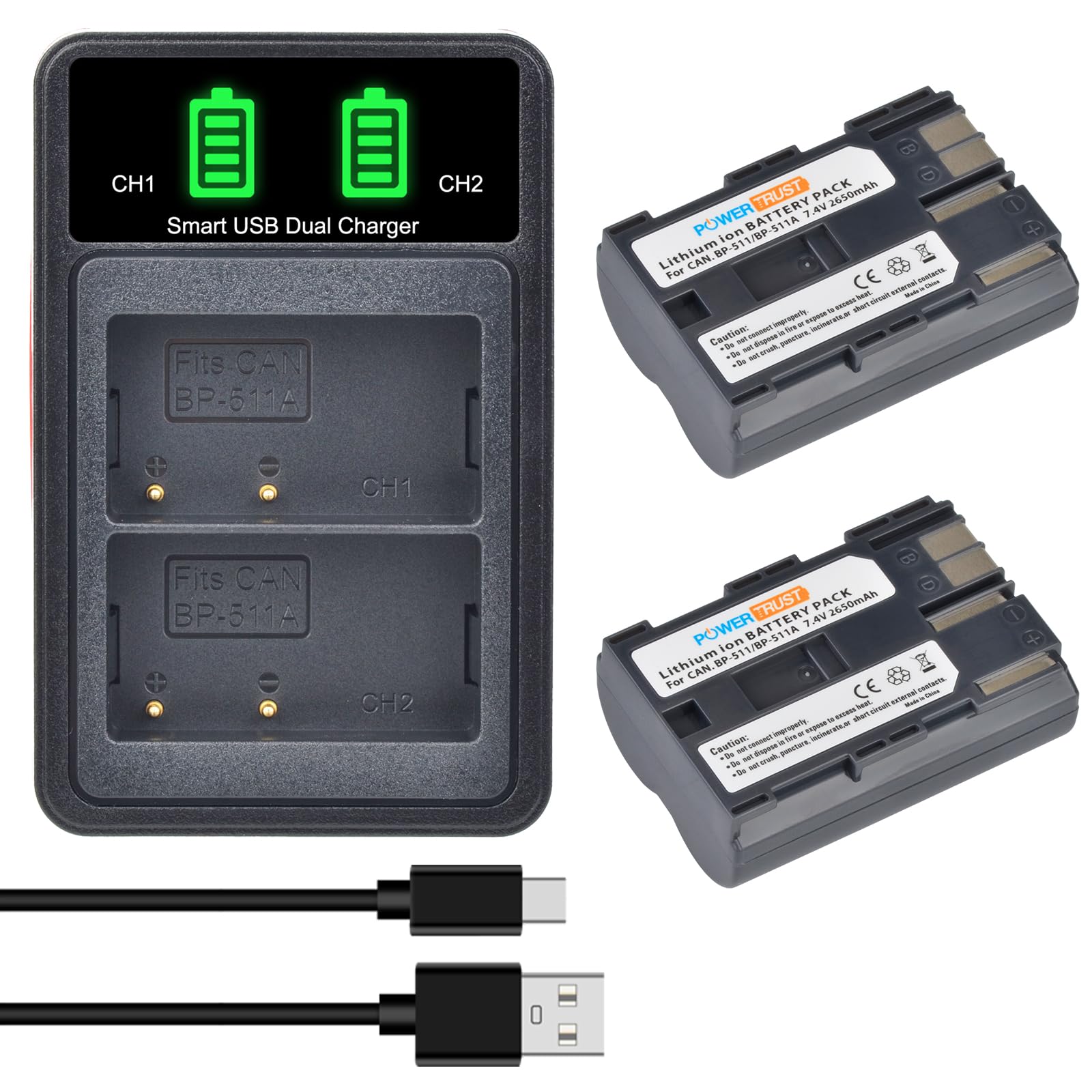 2-Pack 2650mAh BP-511 BP-511A Battery and LED Dual Charger for Canon EOS 50D, 5D,10D,20D,30D,40D,300D, G6, G5,G3,G2,G1