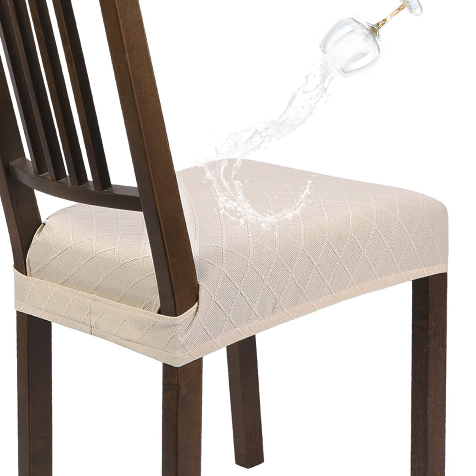 SearchI Waterproof Dining Chair Seat Covers Set of 6, Washable Stretch Seat Covers for Dining Chairs, Rear-Covered Dining Room Seat Cover Protector(Beige Check)