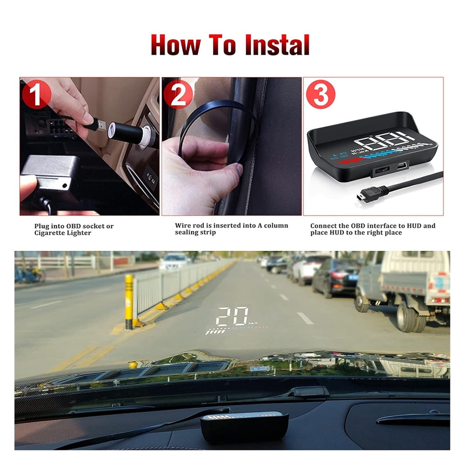 Three steps showing how to install the M7 HUD: plugging into OBD, routing the cable, and connecting to HUD.