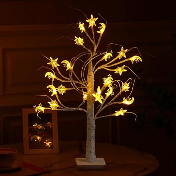 Moucuny Ramadan Lighted Star Moon Birch Tree with LED Lights USB Battery Powered Artificial Tree for Decoration Indoor for Eid Decorations Home Ramadan Parties, 2 Ft, 24 LED
